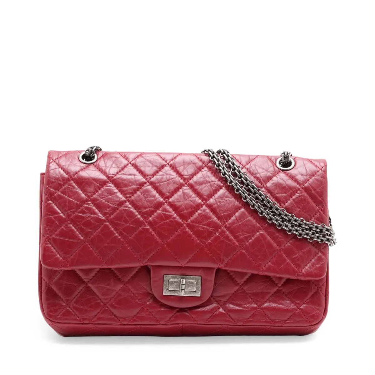Chanel Matelasse 2.55 Maxi Vintage calf Double Flap Double Chain Bag Red Gunmeta