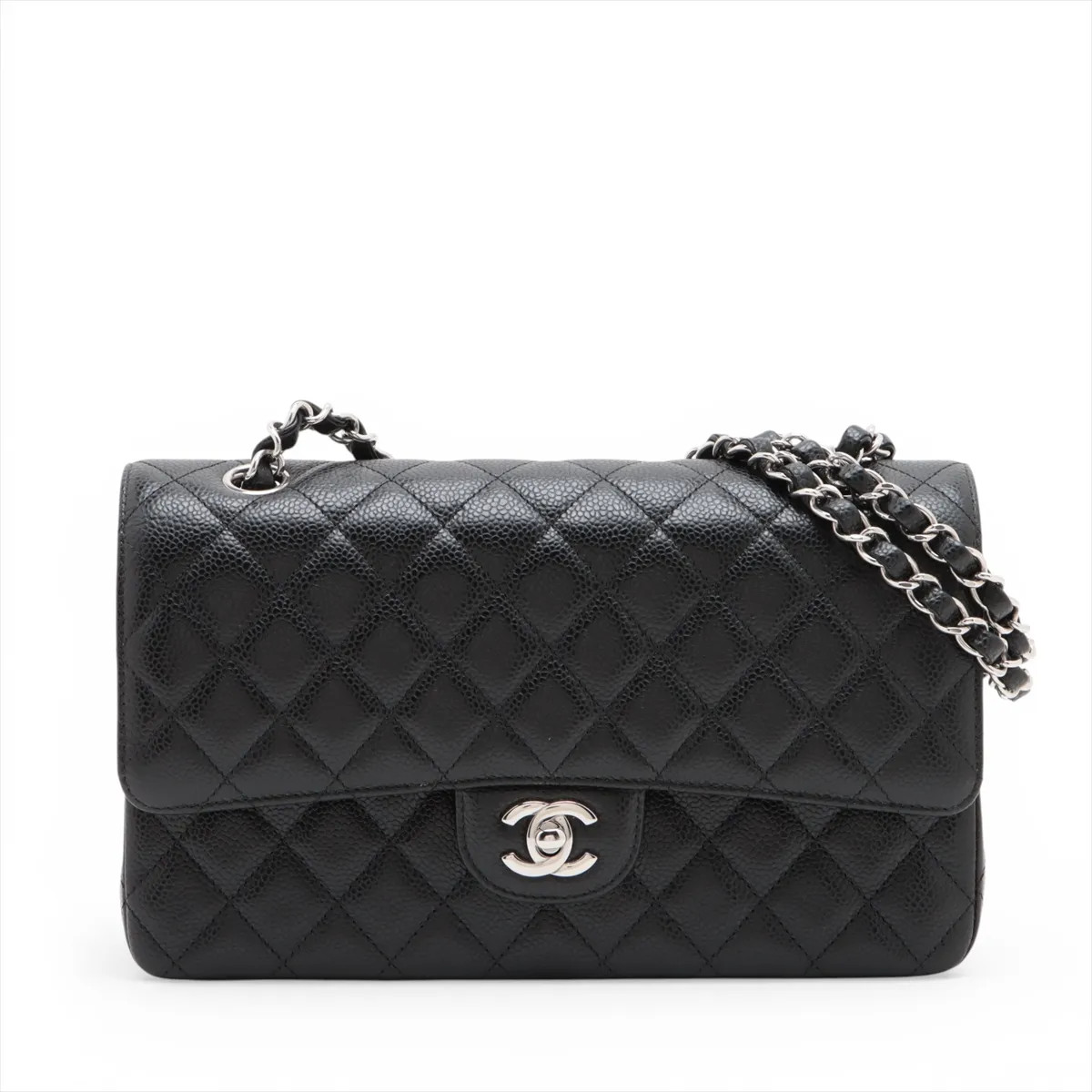Chanel Matelasse 25 Caviar Skin Double Flap Double Chain Bag Black Silver Metal