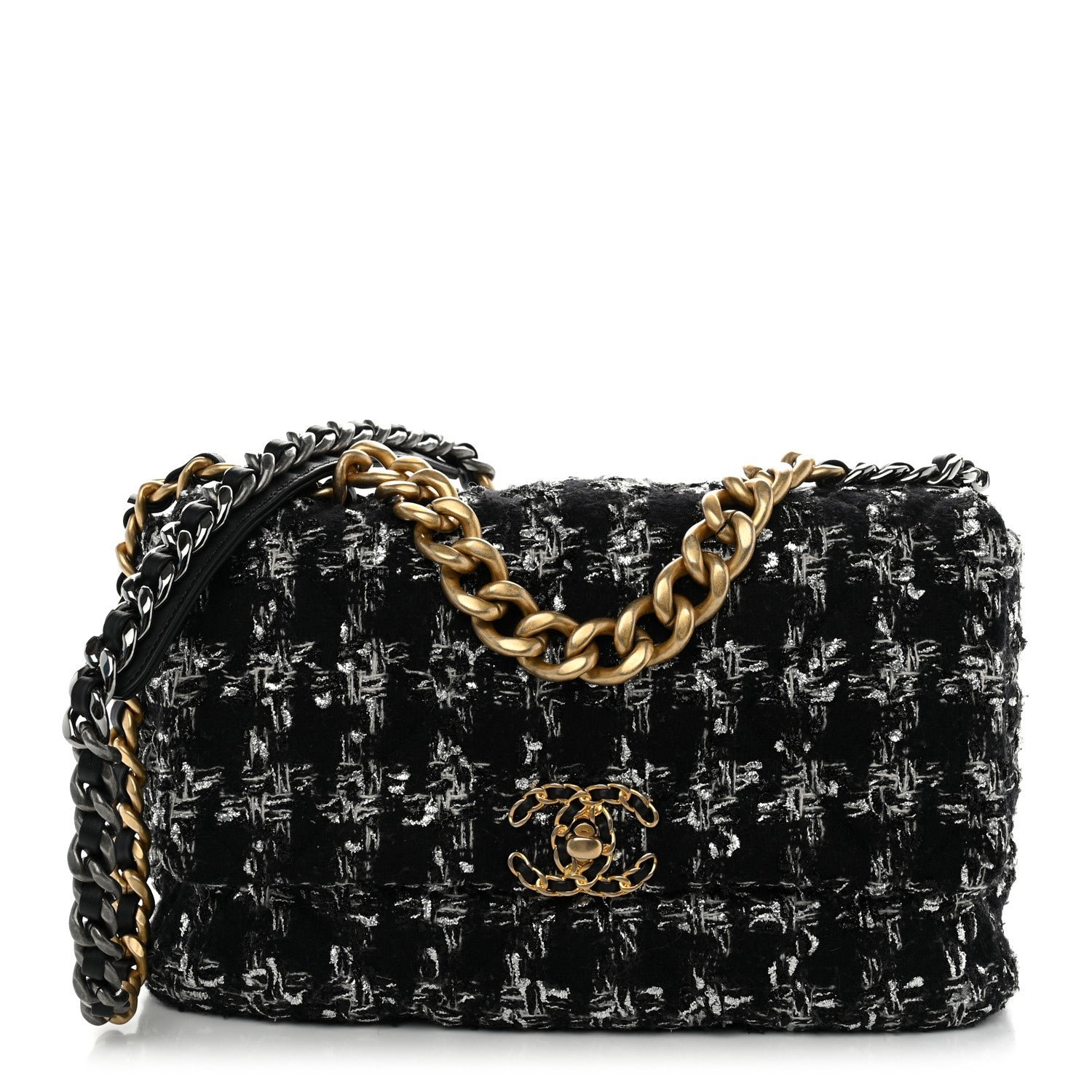 Chanel Tweed Quilted Large Chanel 19 Flap Black Silver Ecru
