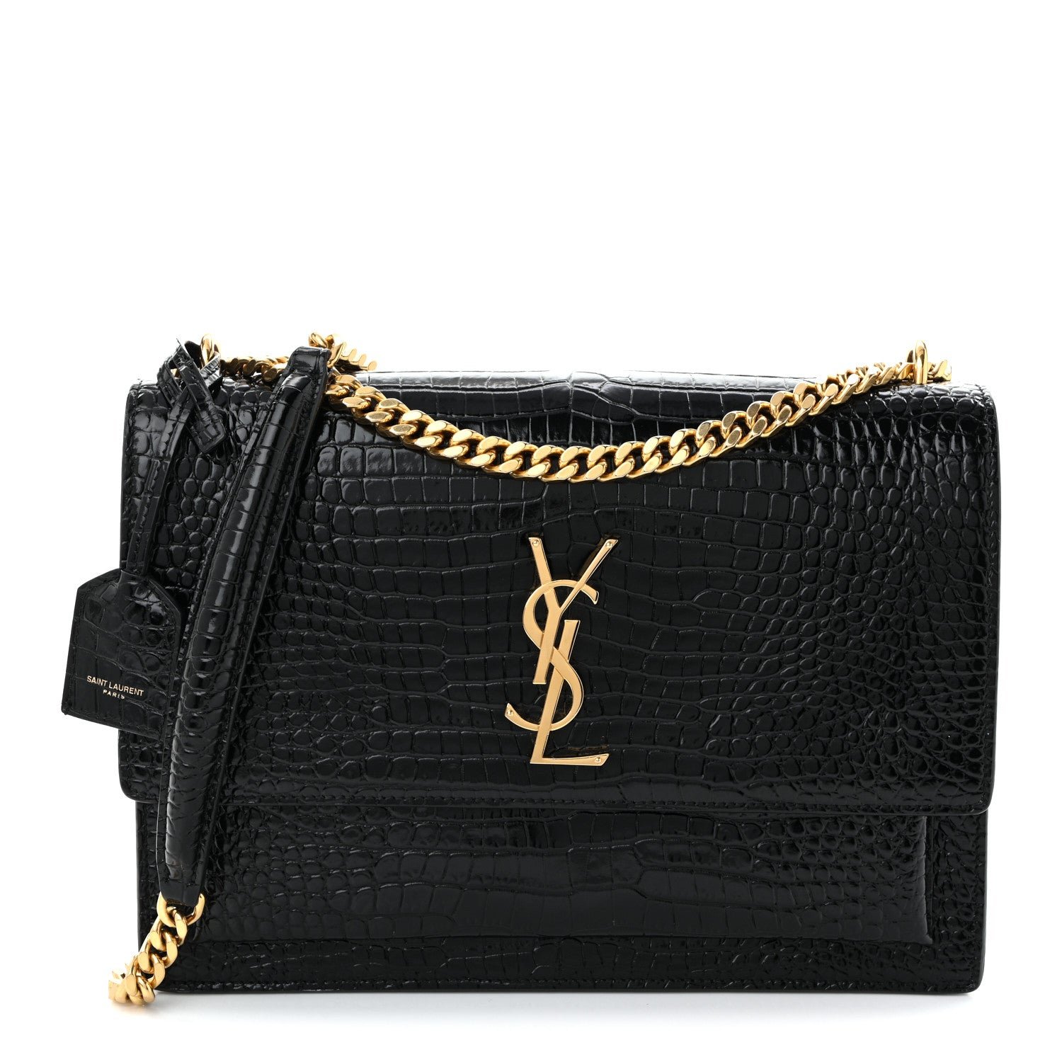 Saint Laurent Calfskin Crocodile Embossed Large Monogram Sunset Black