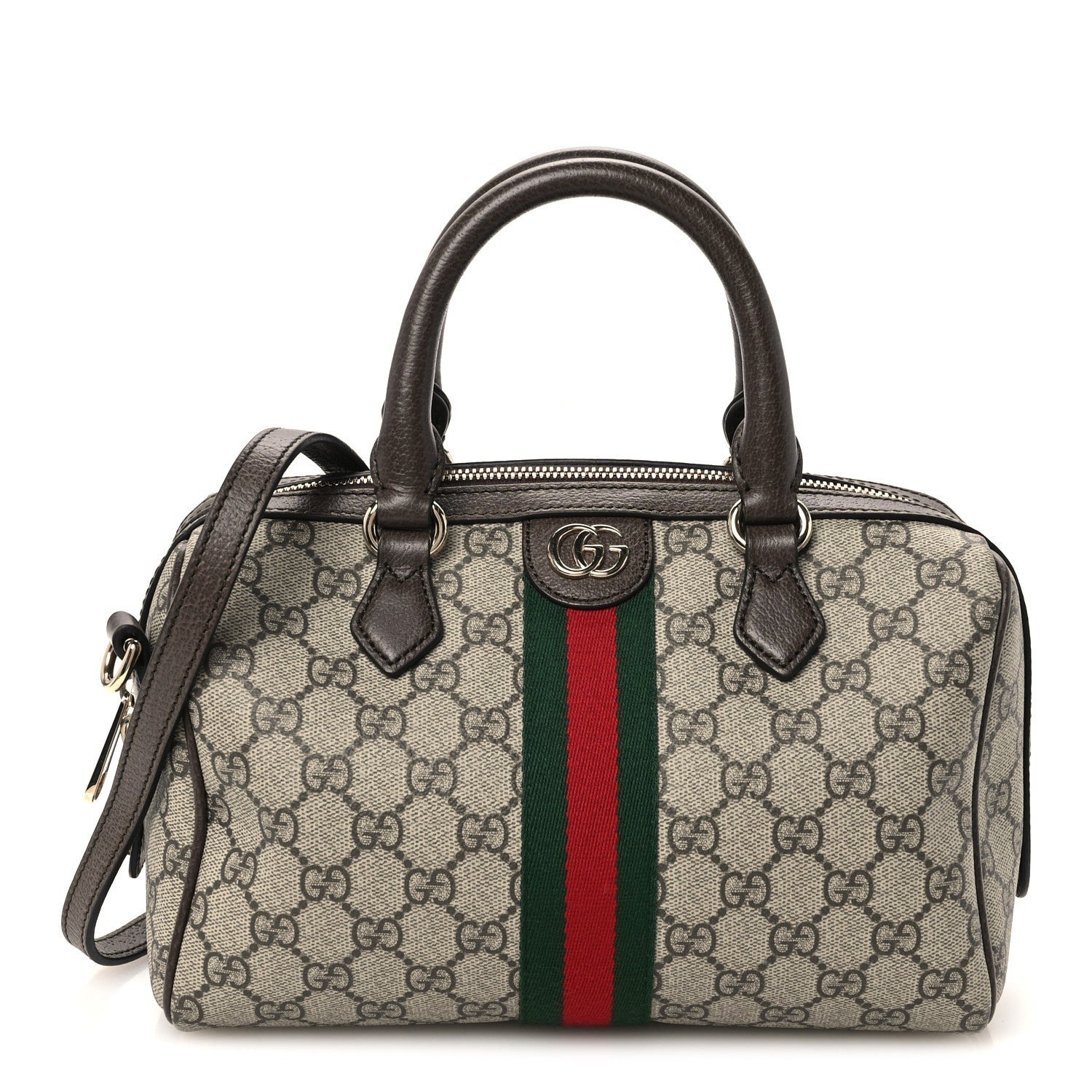 Gucci GG Supreme Monogram Web Medium Ophidia Top Handle Bag Beige Dark Brown