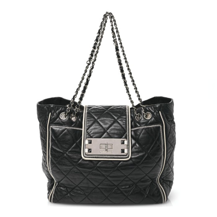 Chanel Glazed Lambskin Quilted Large North South Tote Black