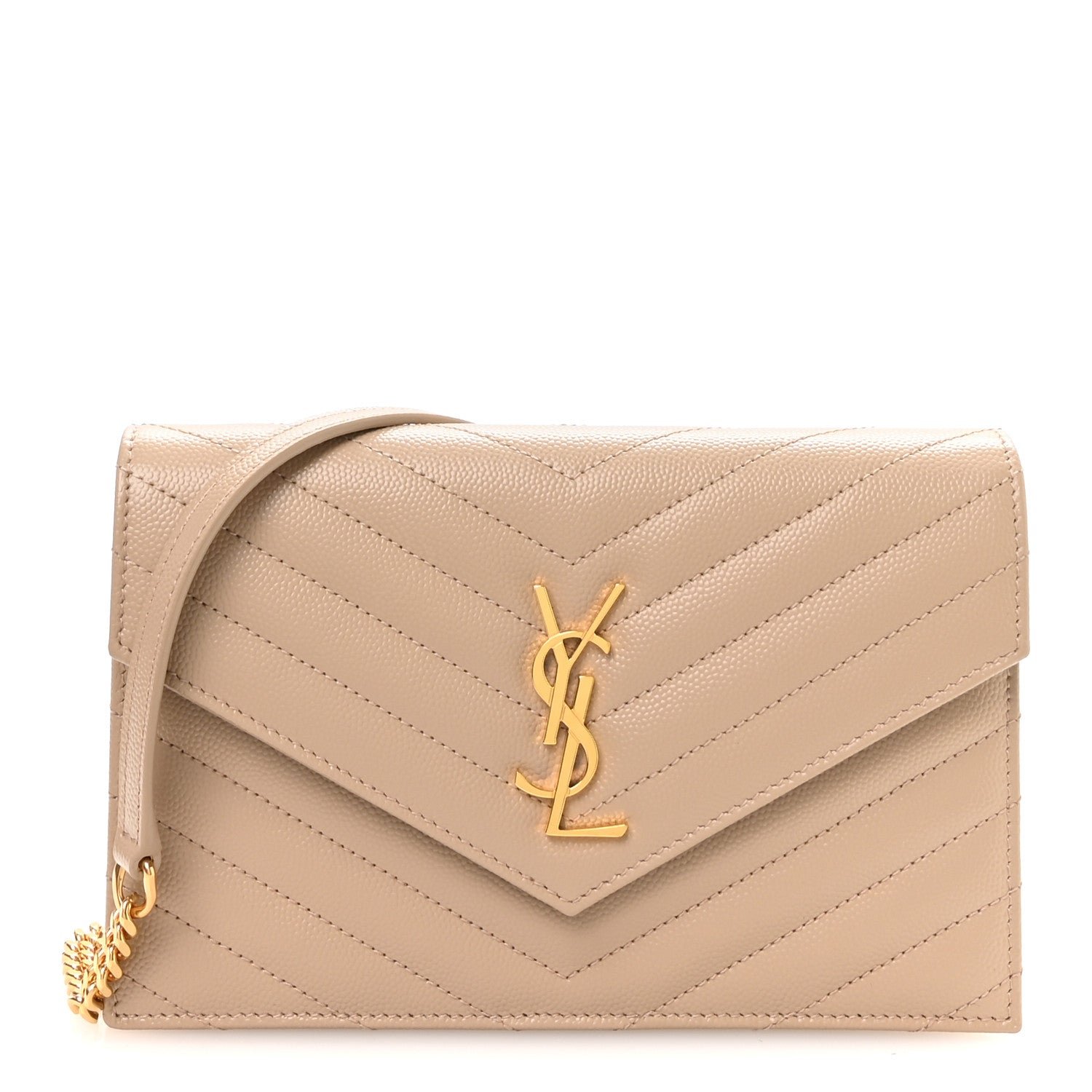 Saint Laurent Grain De Poudre Matelasse Chevron Monogram Envelope Chain Wallet Dark Beige