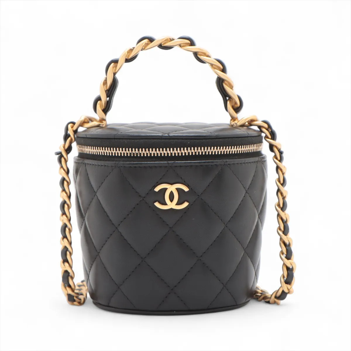Chanel Matelasse Lambskin 2 Way Shoulder Bag Vanity Black Gold Metal Fittings ra