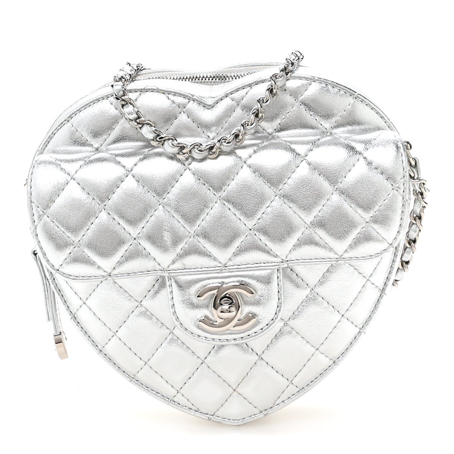 Chanel Metallic Lambskin Quilted Large CC In Love Heart Bag Silver