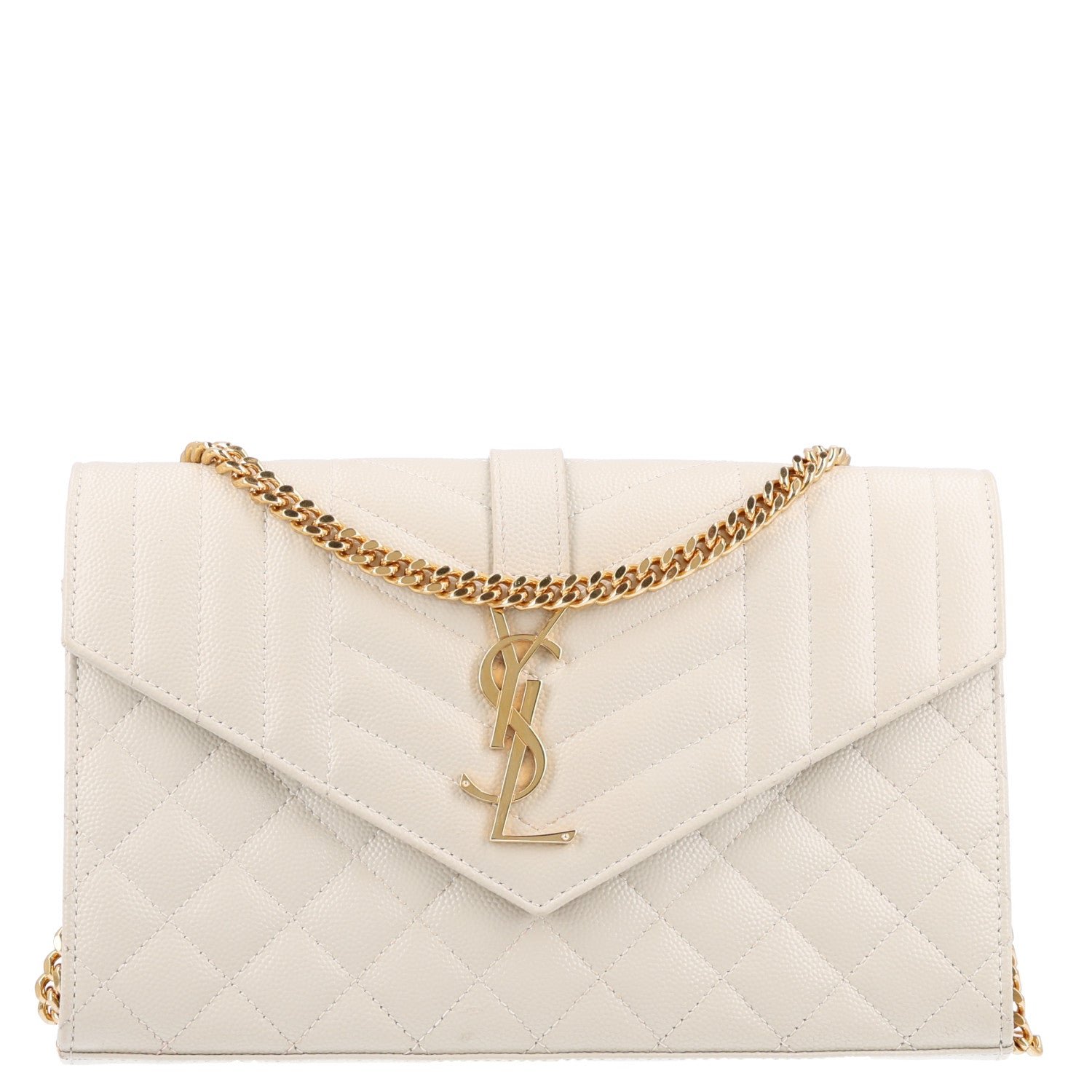 Saint Laurent Grain De Poudre Mixed Matelasse Triquilt Monogram Chain Wallet Crema Soft