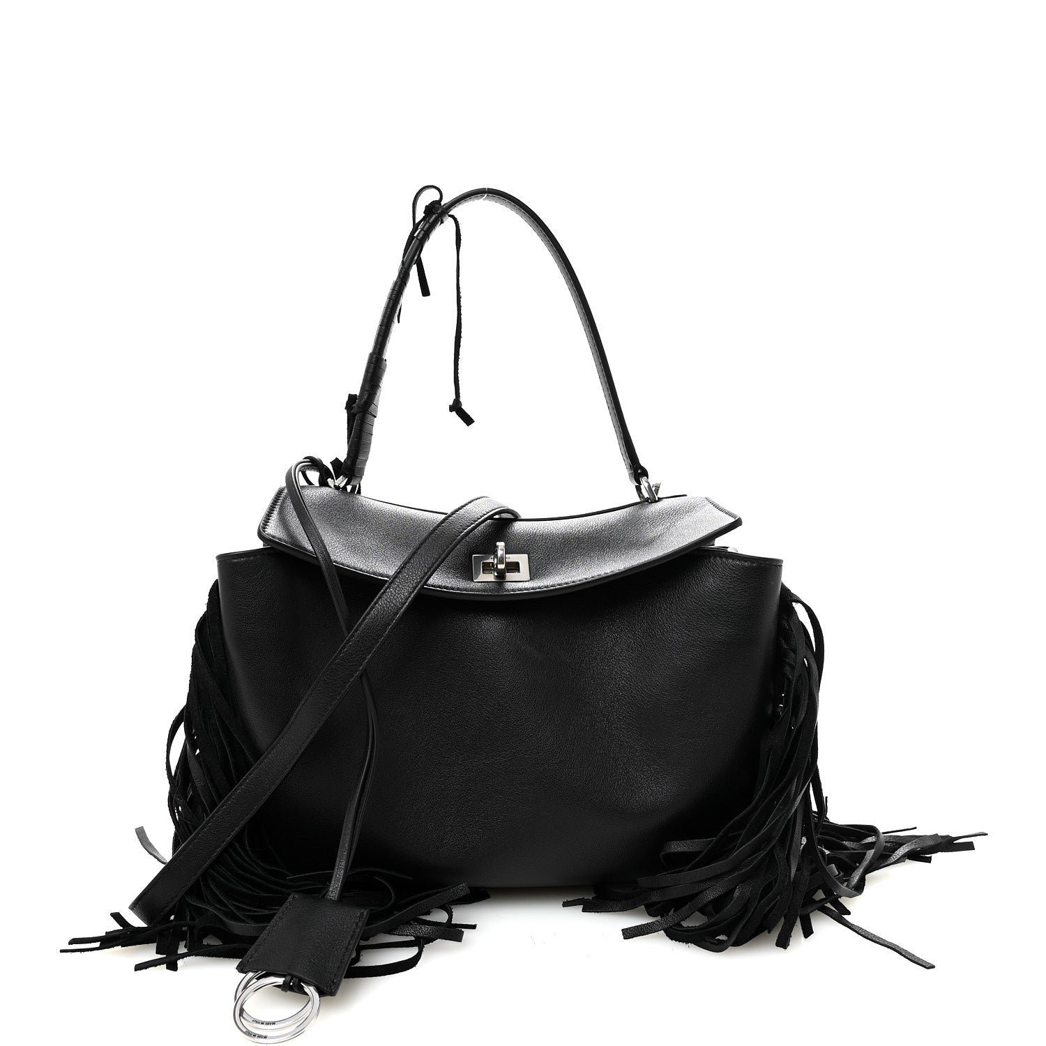 Balenciaga Natural Smooth Madeline Calfskin Fringes Small Rodeo Top Handle Handbag Black