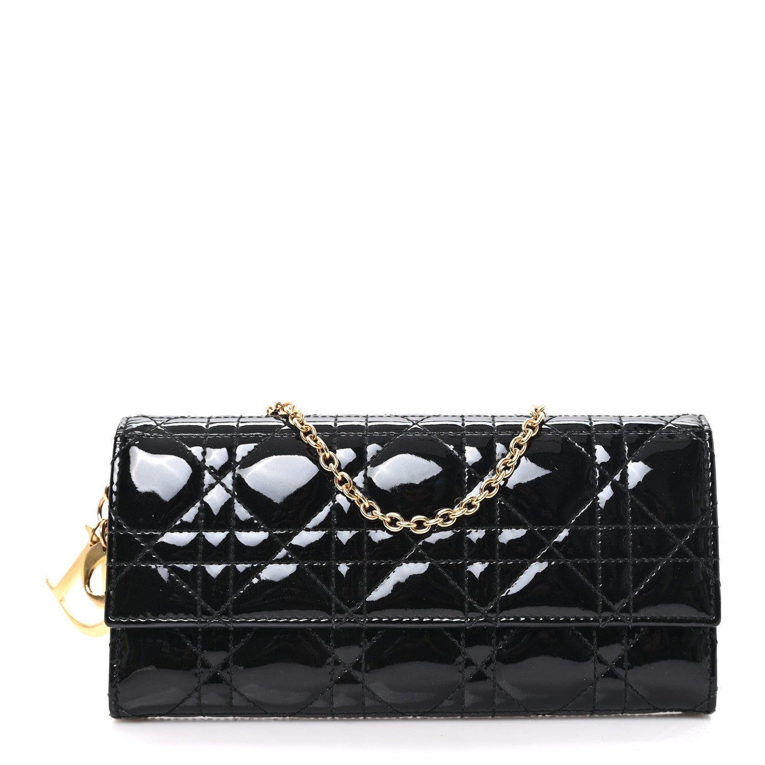 Christian Dior Patent Lambskin Cannage Lady Dior Rendezvous Wallet On Chain Black