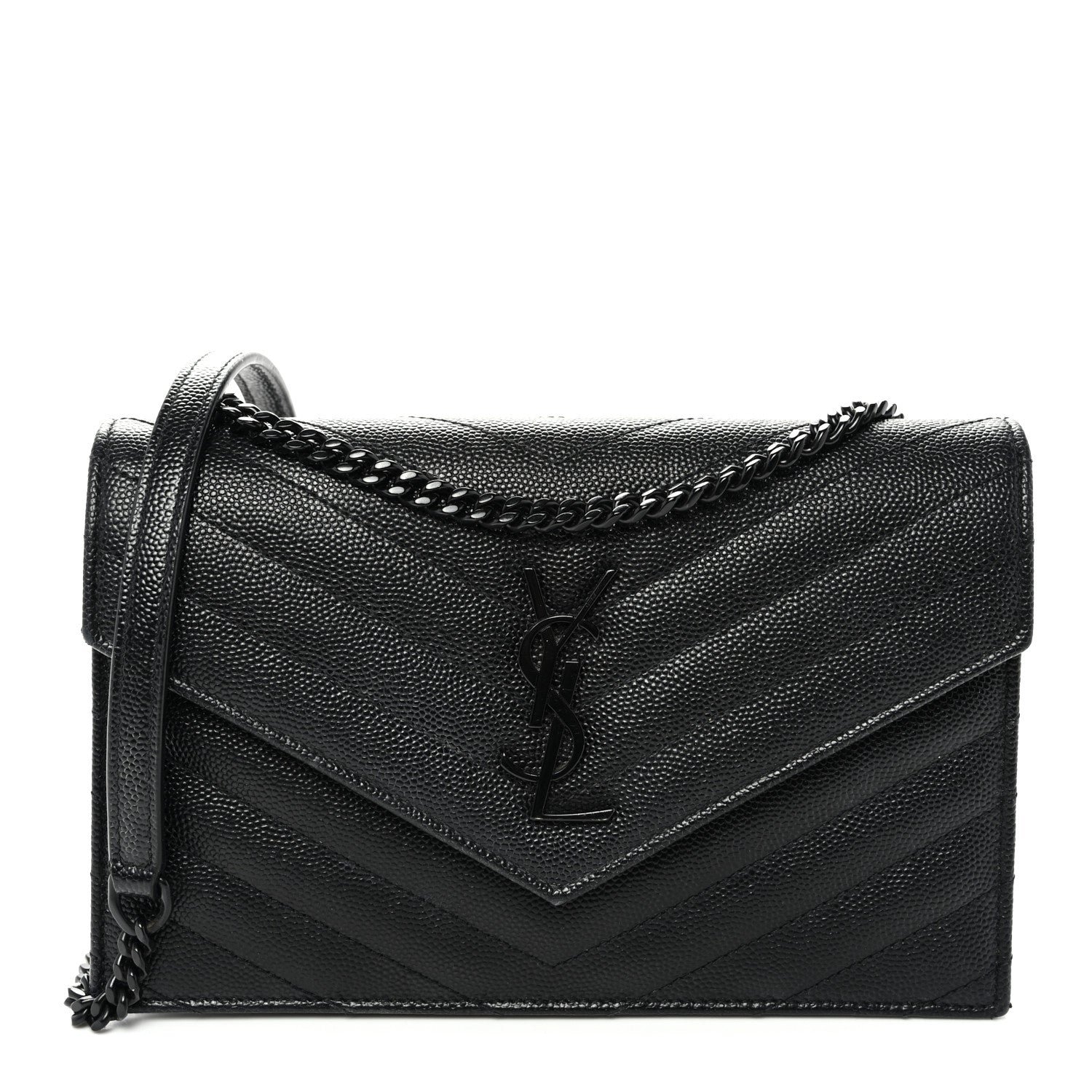 Saint Laurent Grain De Poudre Matelasse Chevron Monogram Monochrome Envelope Chain Wallet Black