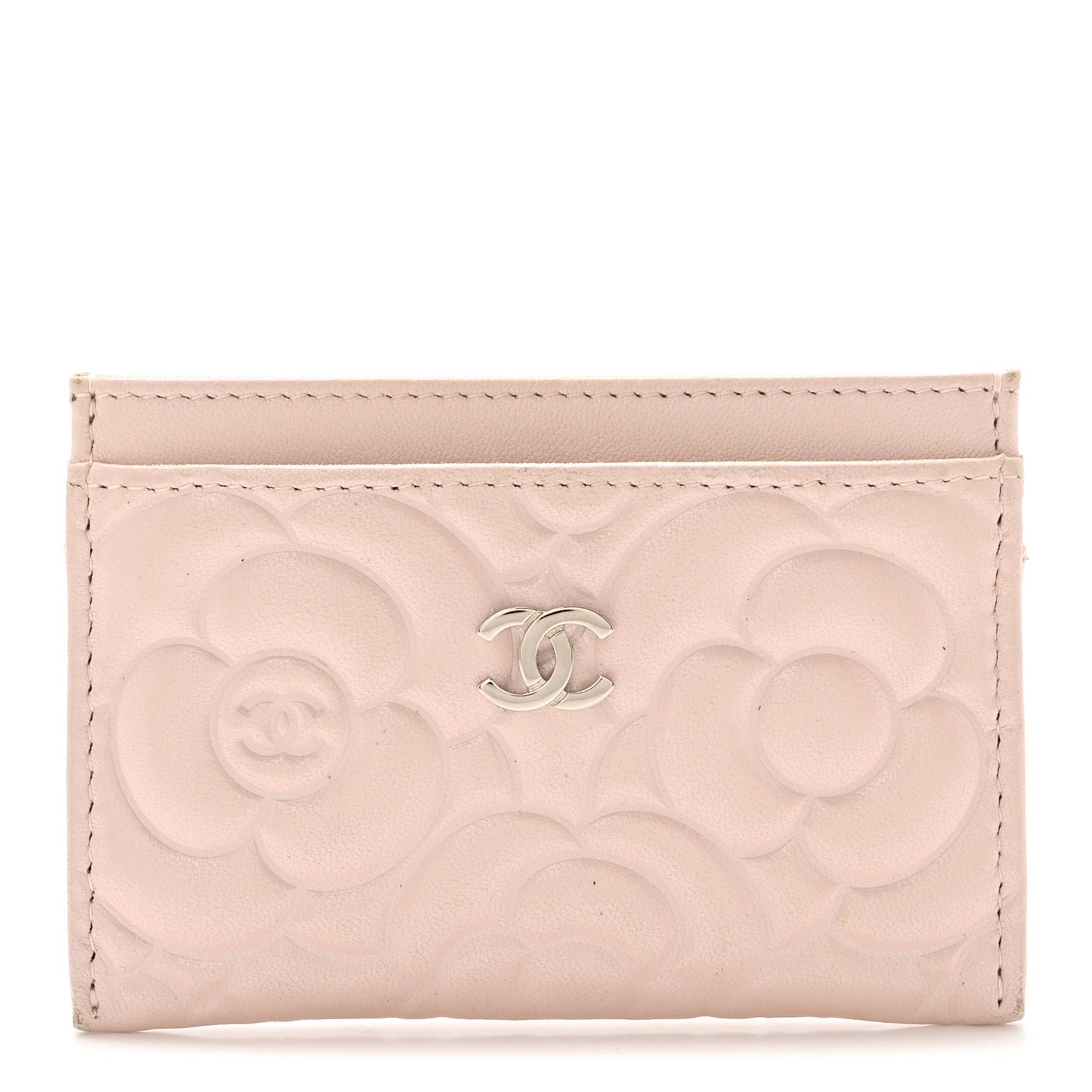 Chanel Iridescent Lambskin Camellia Embossed Card Holder Light Pink