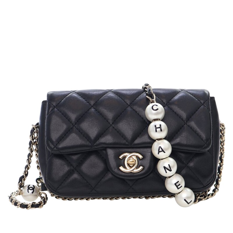Chanel Black Lambskin Pearl Chain Mini Flap Bag Gold Hardware, 2019
