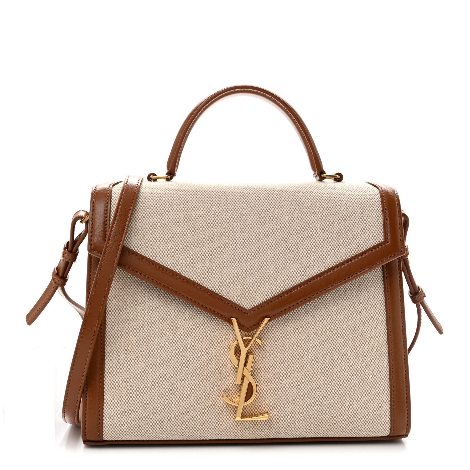 Saint Laurent Canvas Calfskin Medium Classic Monogram Cassandra Top Handle Tan Natural