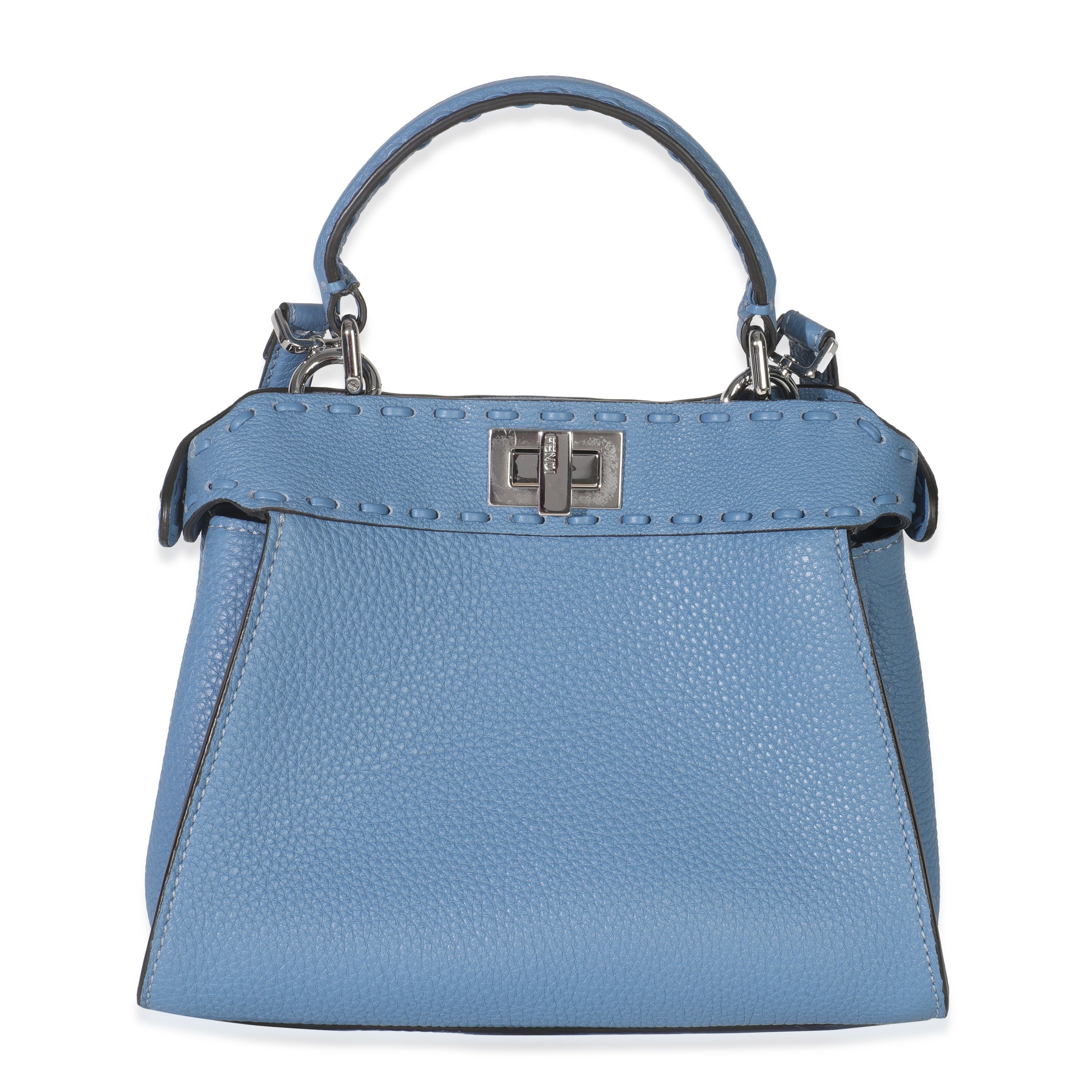 Fendi Placca Argento Blue Cuoio Romano Selleria Mini Peekaboo Iconic Satchel