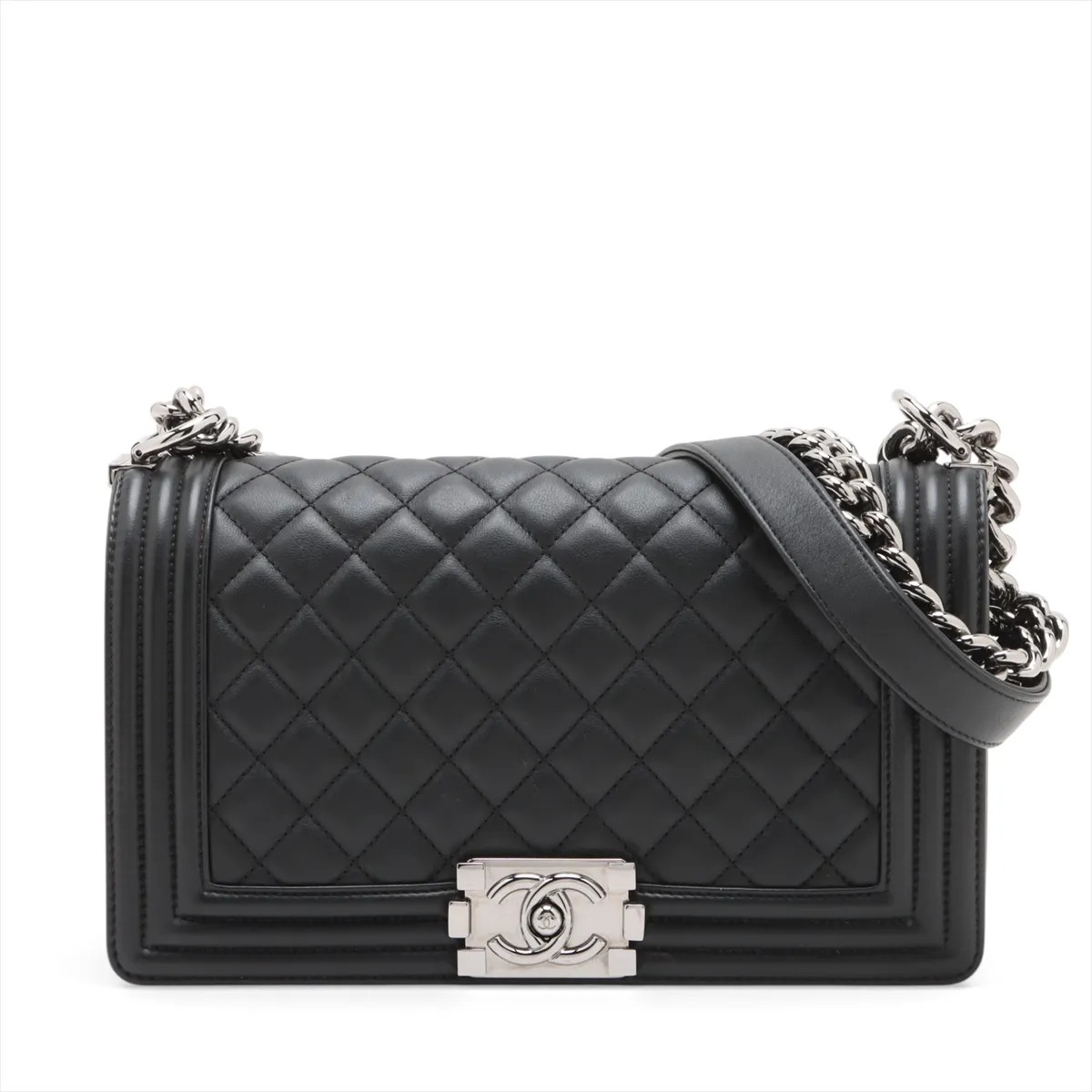 Chanel BOY CHANEL 25 Lambskin Chain Shoulder Bag Black Silver Metal Fittings ran