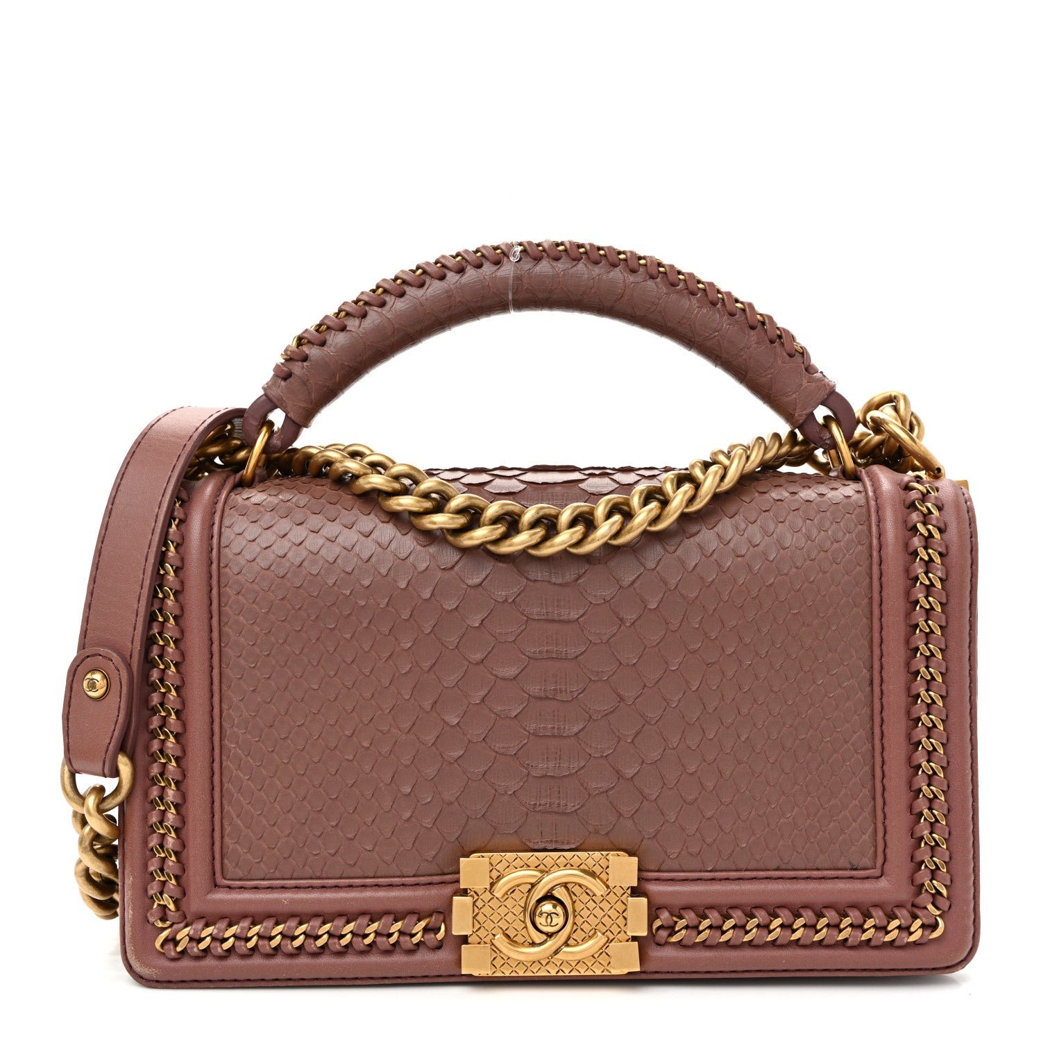 Chanel Snakeskin Calfskin Medium Chain Around Top Handle Boy Flap Mauve