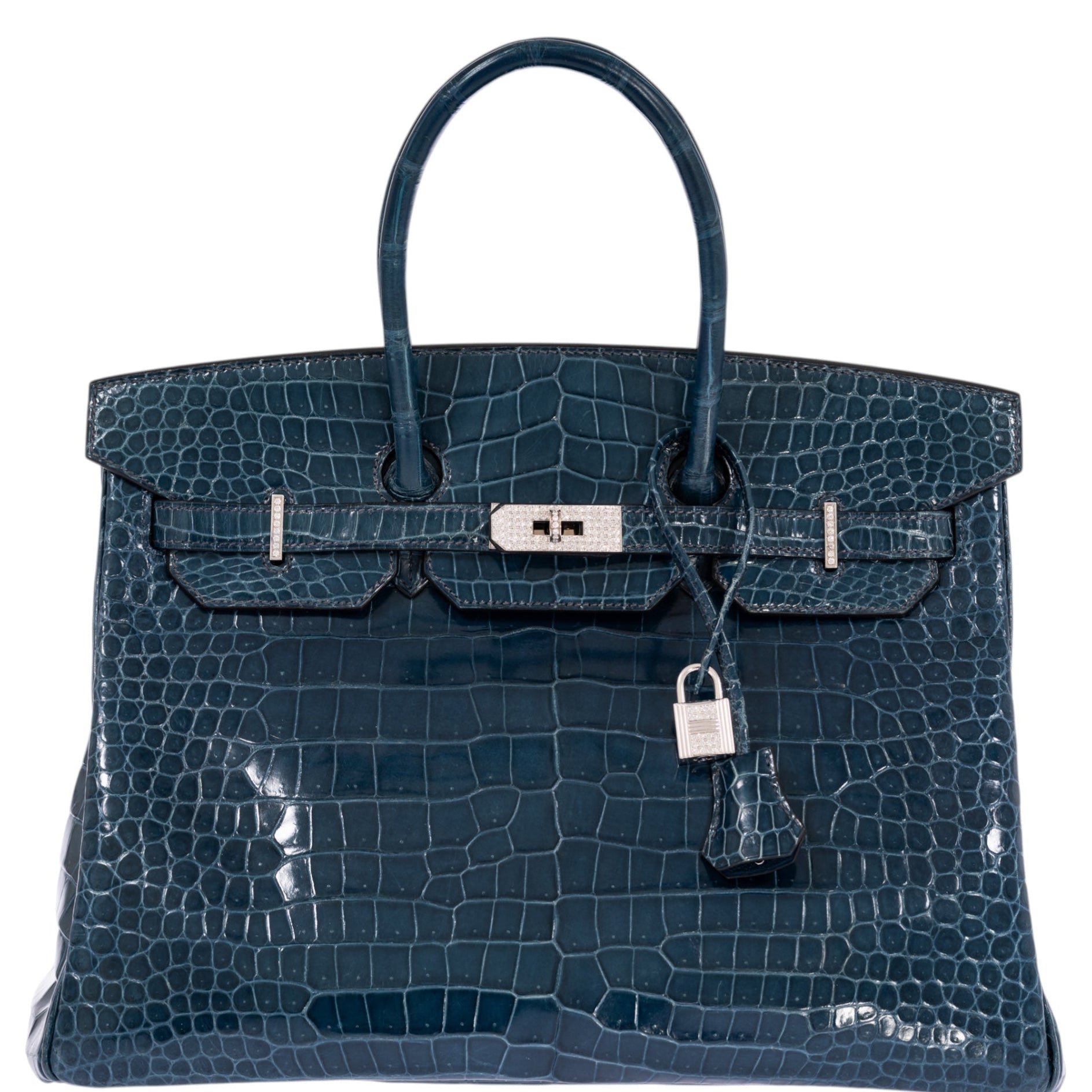 Hermes Hermès Birkin 35 Bleu Roi Shiny Porosus Crocodile 18K White Gold Diamond Hardware