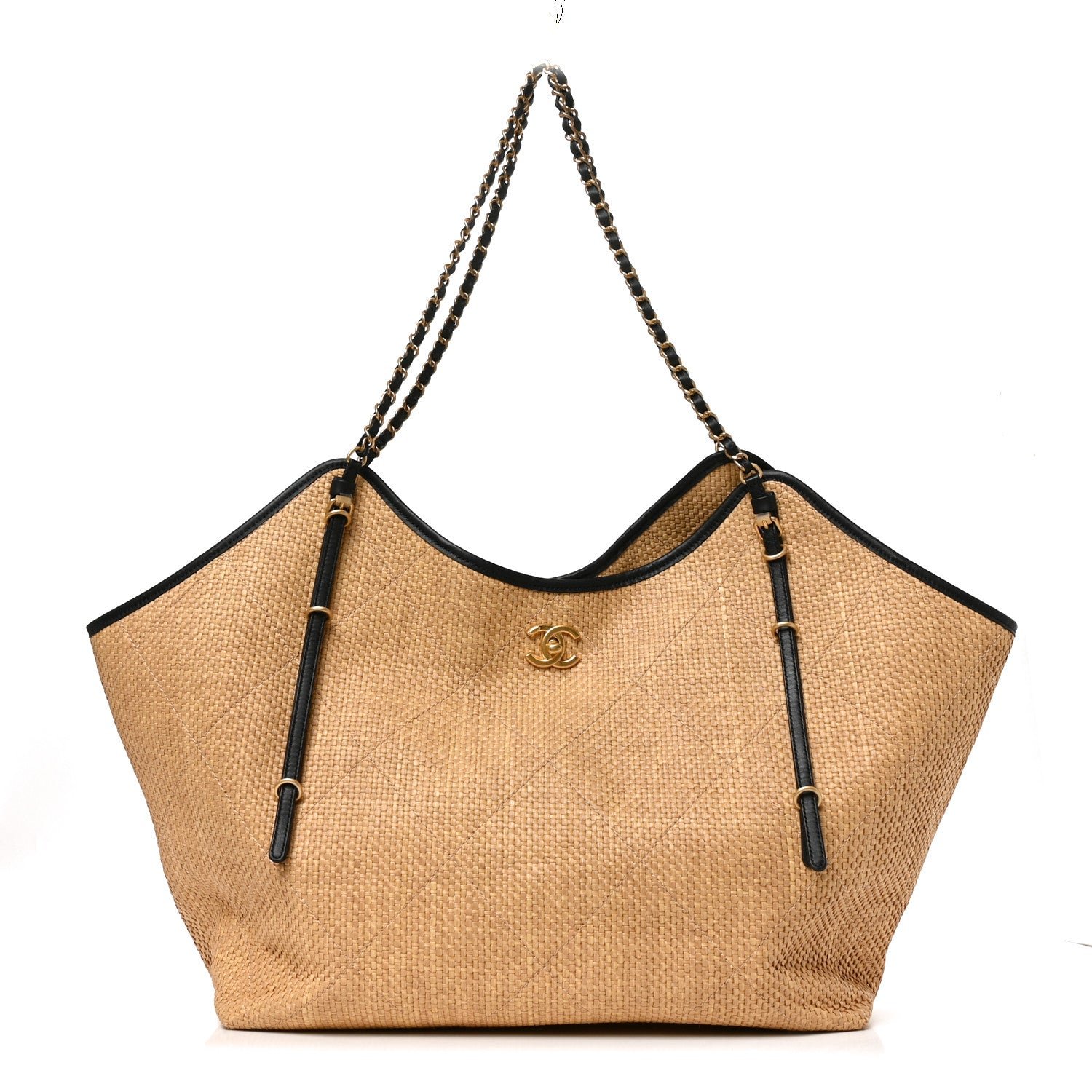 Chanel Braided Raffia Stitched Maxi Shopping Bag Dark Beige Black