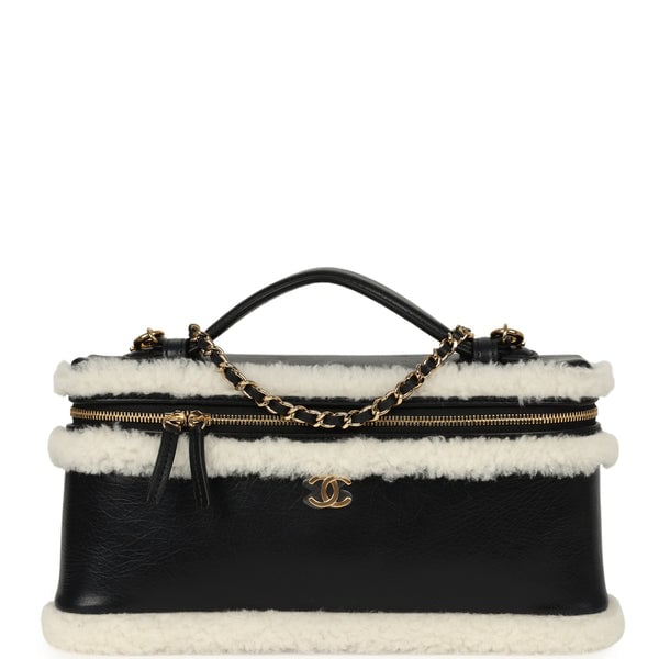 Chanel Top Handle Long Vanity Case with Chain Black Aged Calfskin, Ecru Shearling Gold Hardware