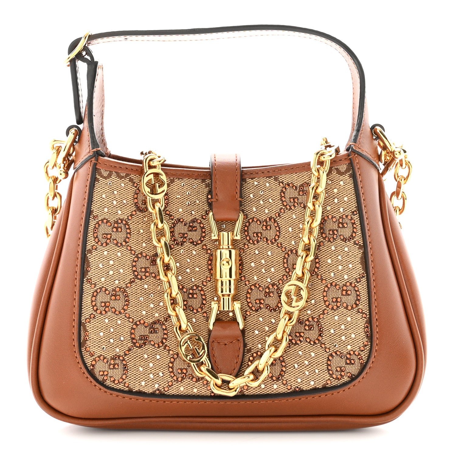 Gucci New Canvas Charisma Calfskin Crystal GG Monogram Mini Jackie 1961 Hobo Camel Ebony