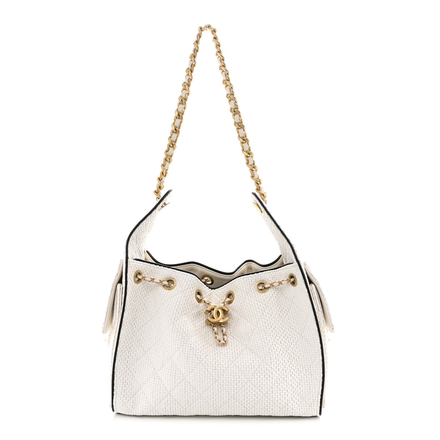 Chanel Braided Raffia Calfskin Quilted Small Chanel 25 Handbag White Black