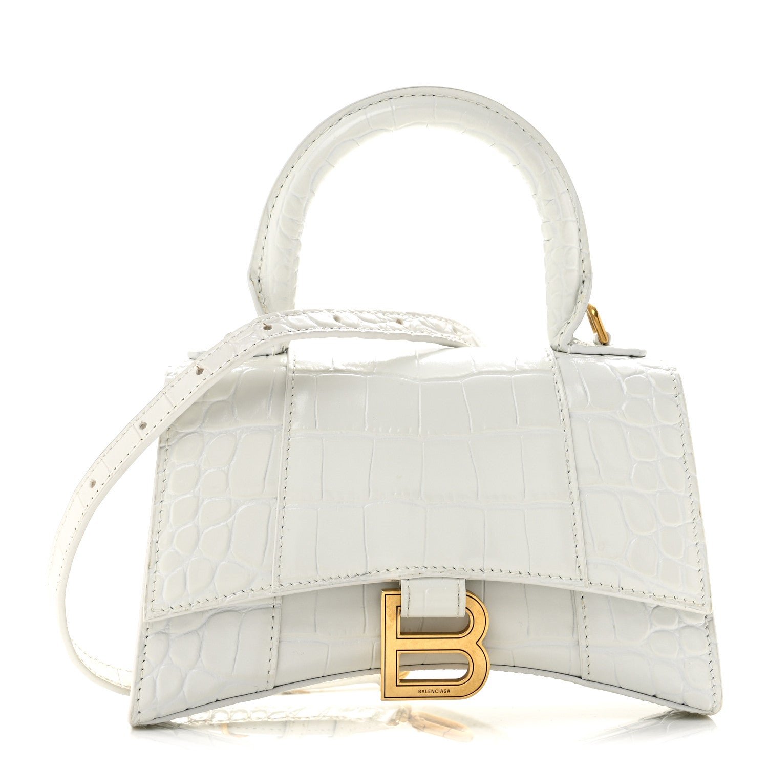 Balenciaga Shiny Calfskin Crocodile Embossed Hourglass Top Handle Bag XS White