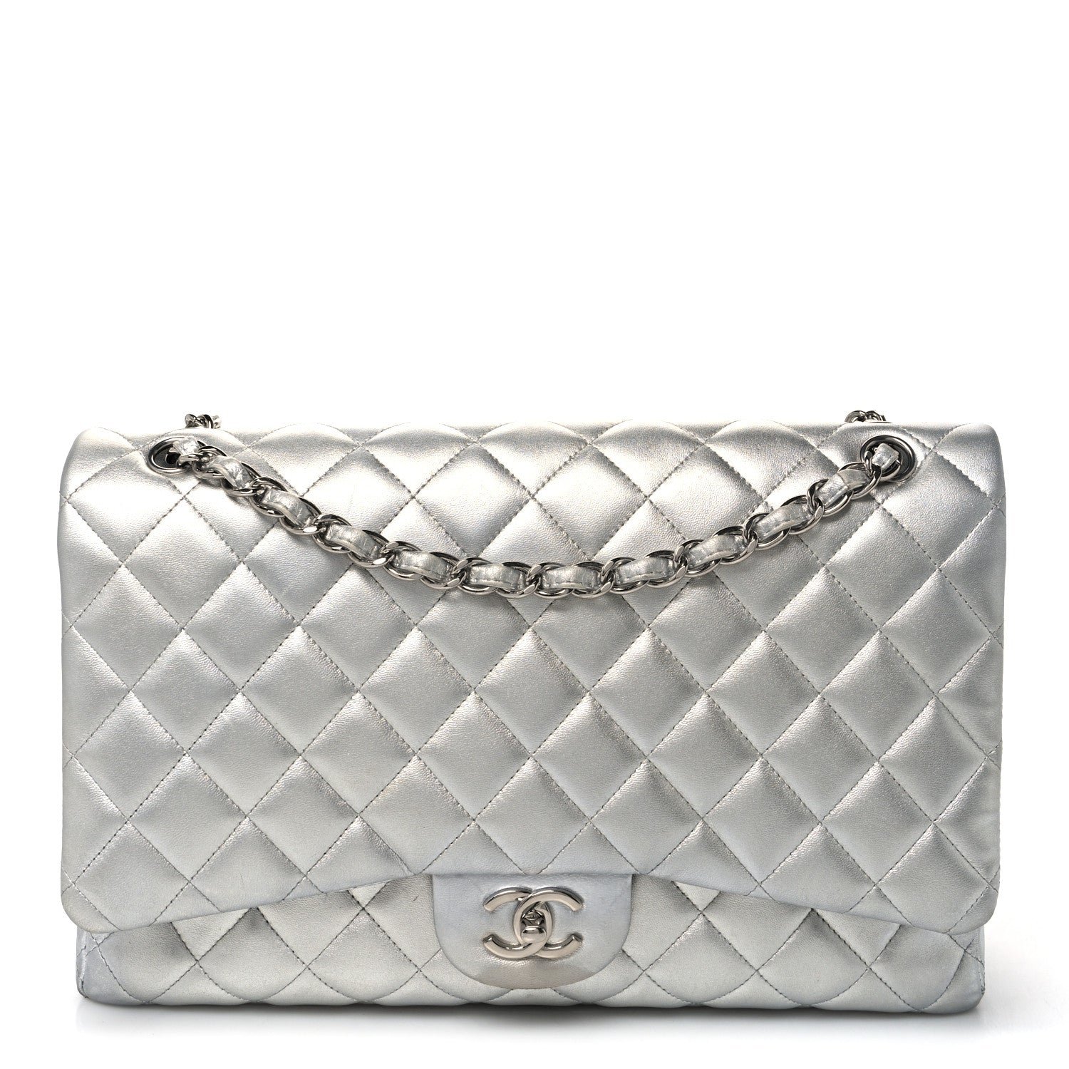Chanel Metallic Lambskin Quilted Jumbo Single Flap Silver