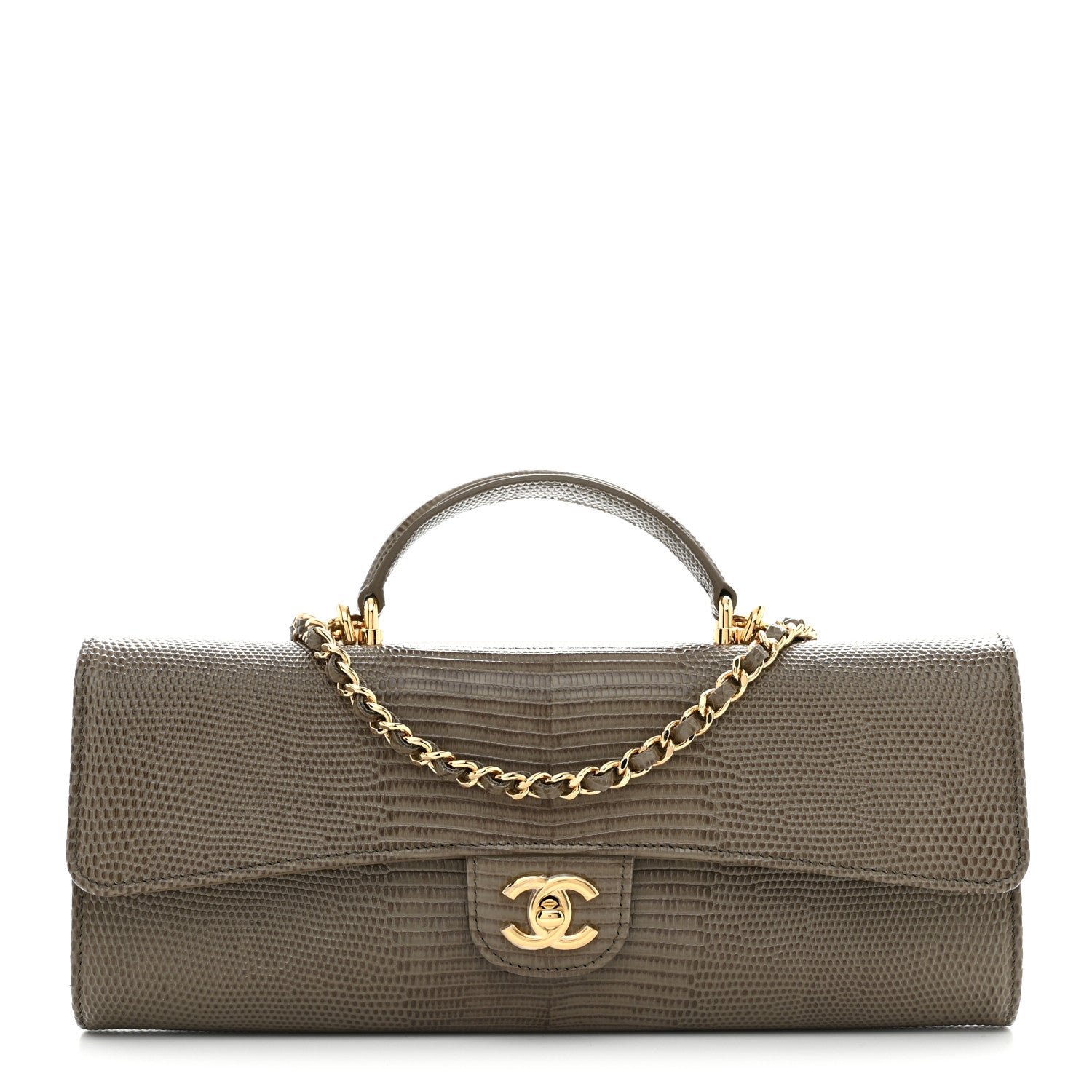 Chanel Calfskin Lizard Embossed Top Handle Long Clutch With Chain Dark Khaki