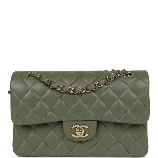 Pre-owned Chanel Small Classic Double Flap Bag Olive Green Lambskin Light Gold Hardware