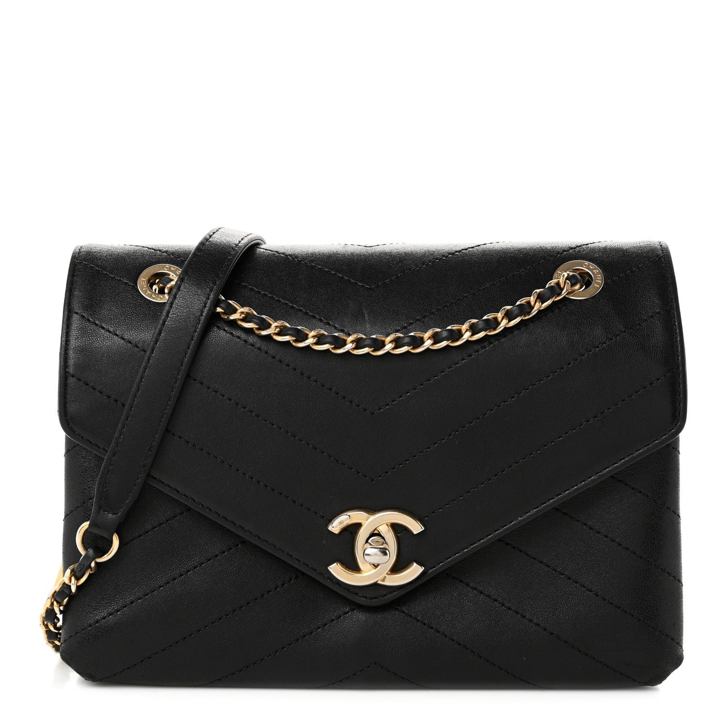 Chanel Calfskin Chevron Stitched Medium Coco Flap Bag Black