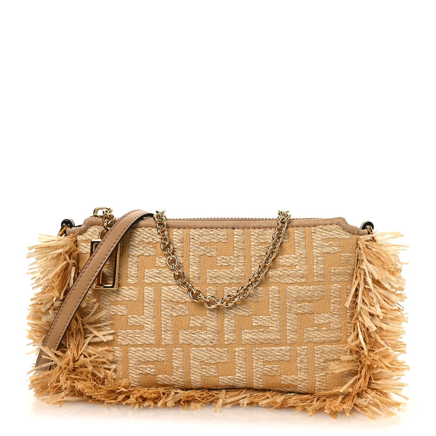 Fendi Raffia Fringe FF Embroidered Baguette Pouch Natural Dark Honey