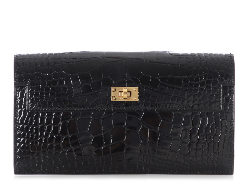 Black Shiny Alligator Kelly Pocket Long Wallet Gold Hardware, 2026
