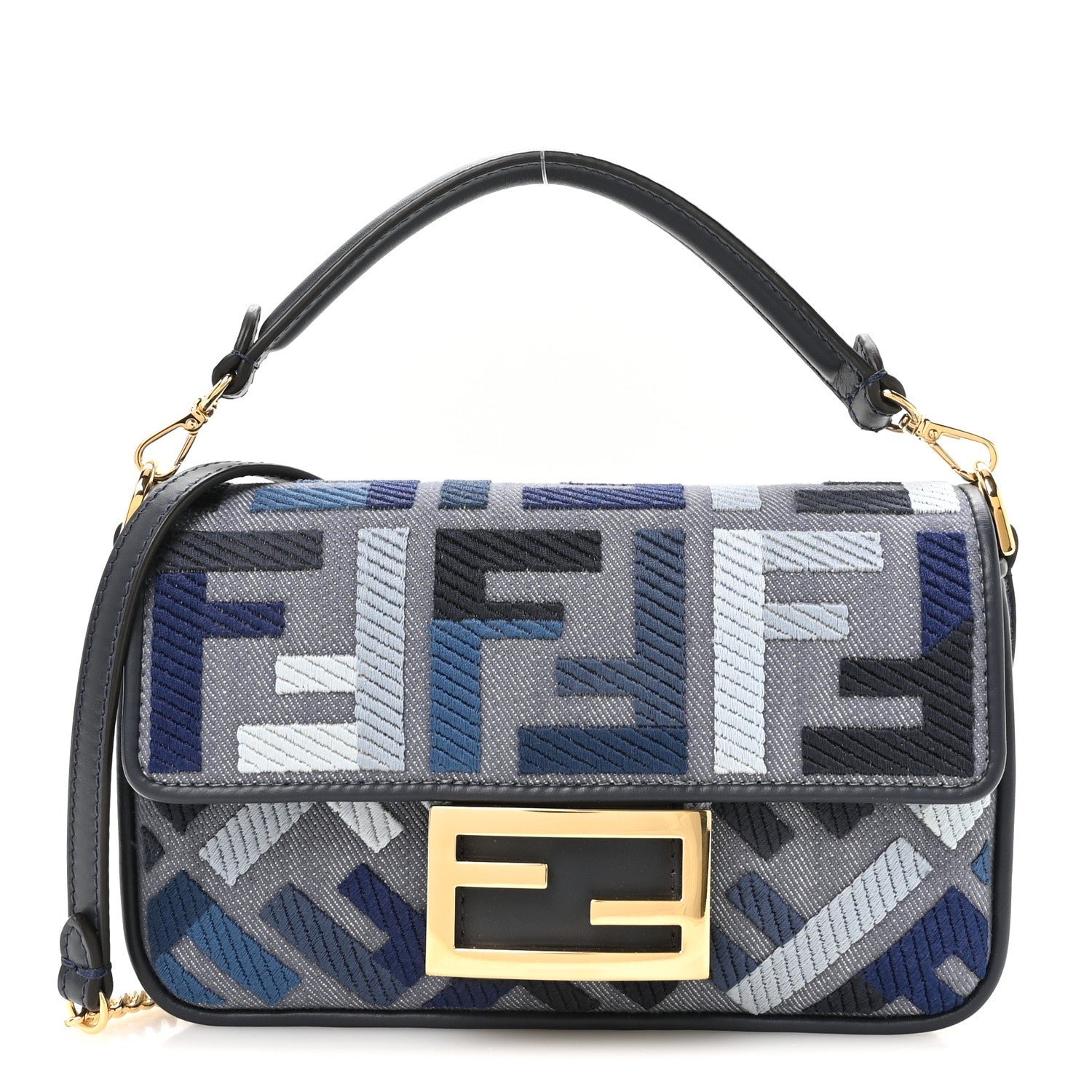 Fendi Canvas Vitello King Seta FF Embroidered Mini Baguette Myrtle Multicolor
