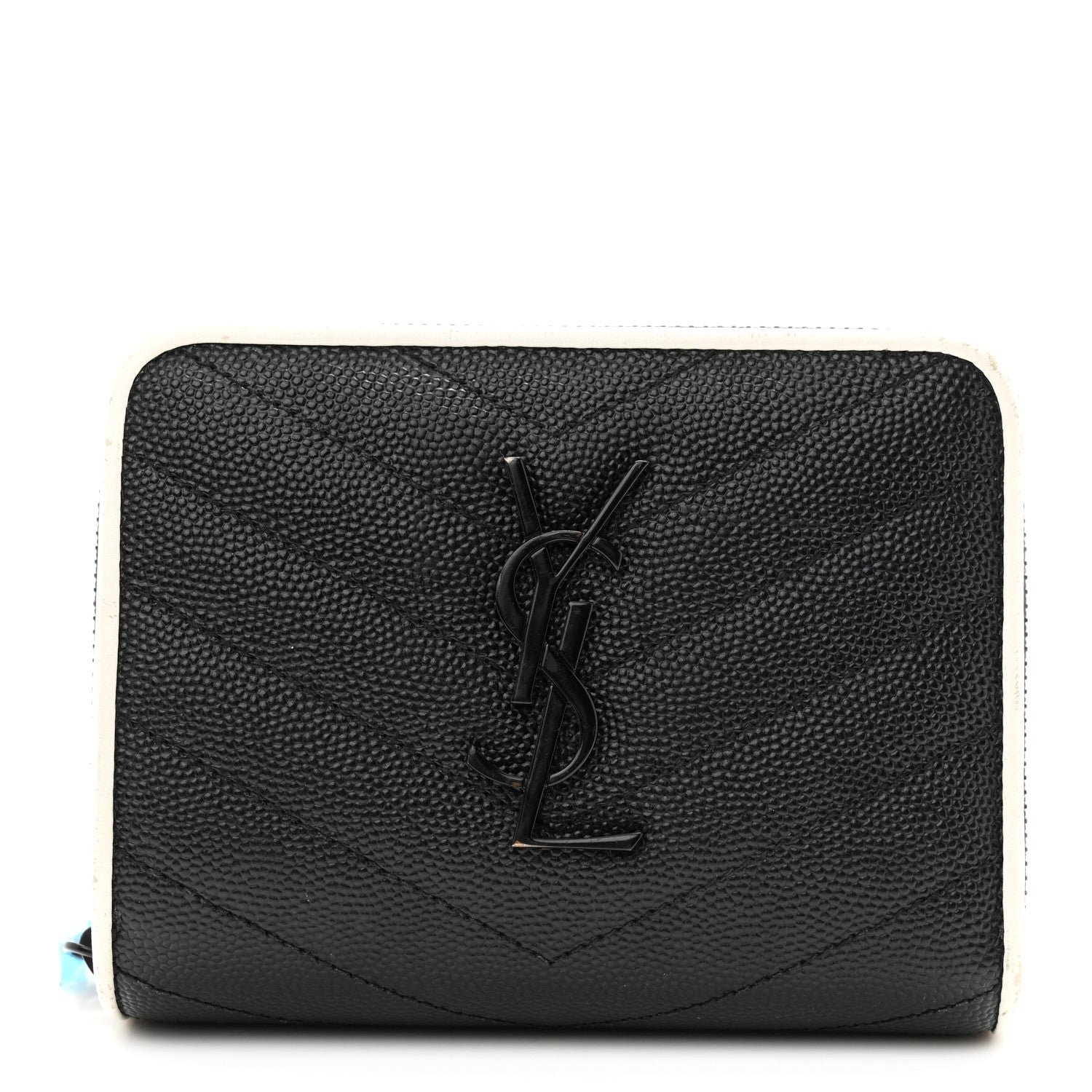 Saint Laurent Grain De Poudre Matelasse Chevron Monogram Compact Zip Around Wallet Black White