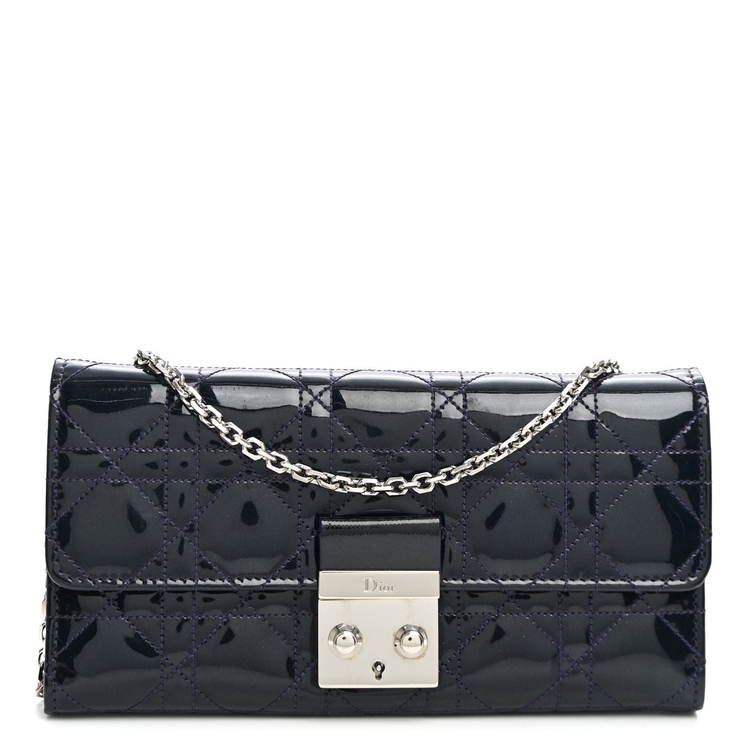 Christian Dior Patent Cannage Miss Dior Chain Wallet Blue Nuit
