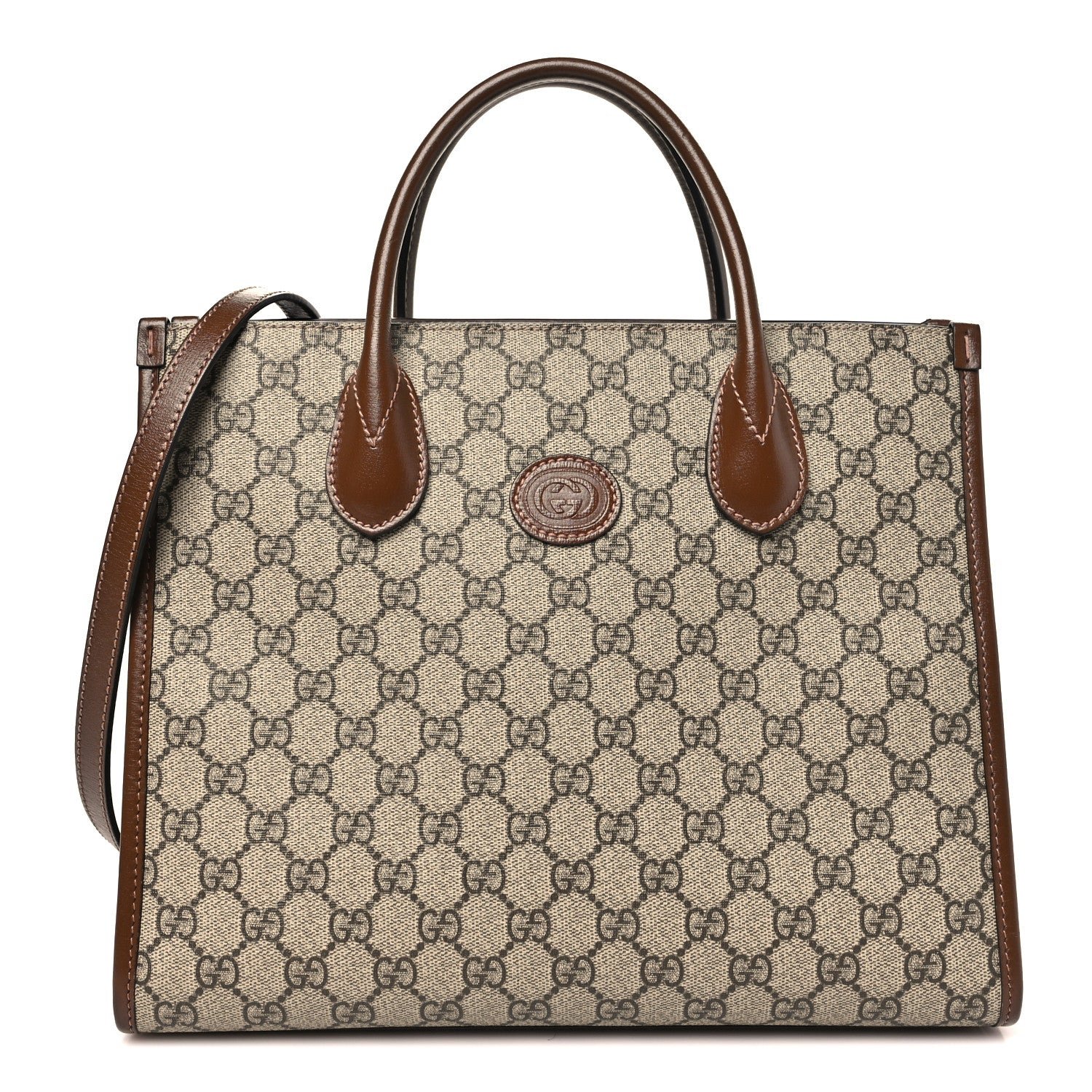 Gucci GG Supreme Monogram Azalea Calfskin Small Retro Interlocking G Tote Bag Beige Ebony Brown Sugar