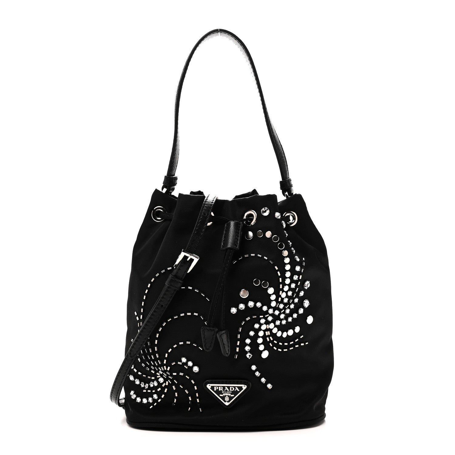 Prada Tessuto Saffiano Ricamo Sequin Crystal Embellished Mini Re-Edition 1978 Bucket Bag Black