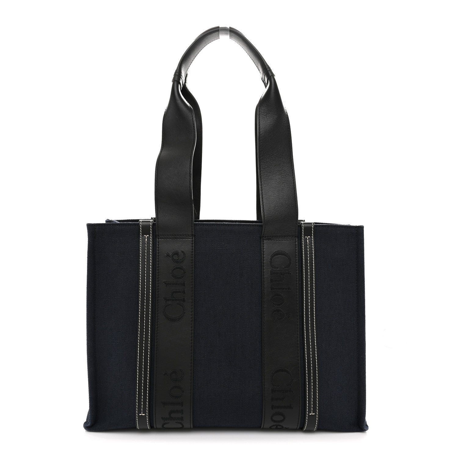 Cotton Shiny Calfskin Medium Woody Ribbon Tote Obscure Navy