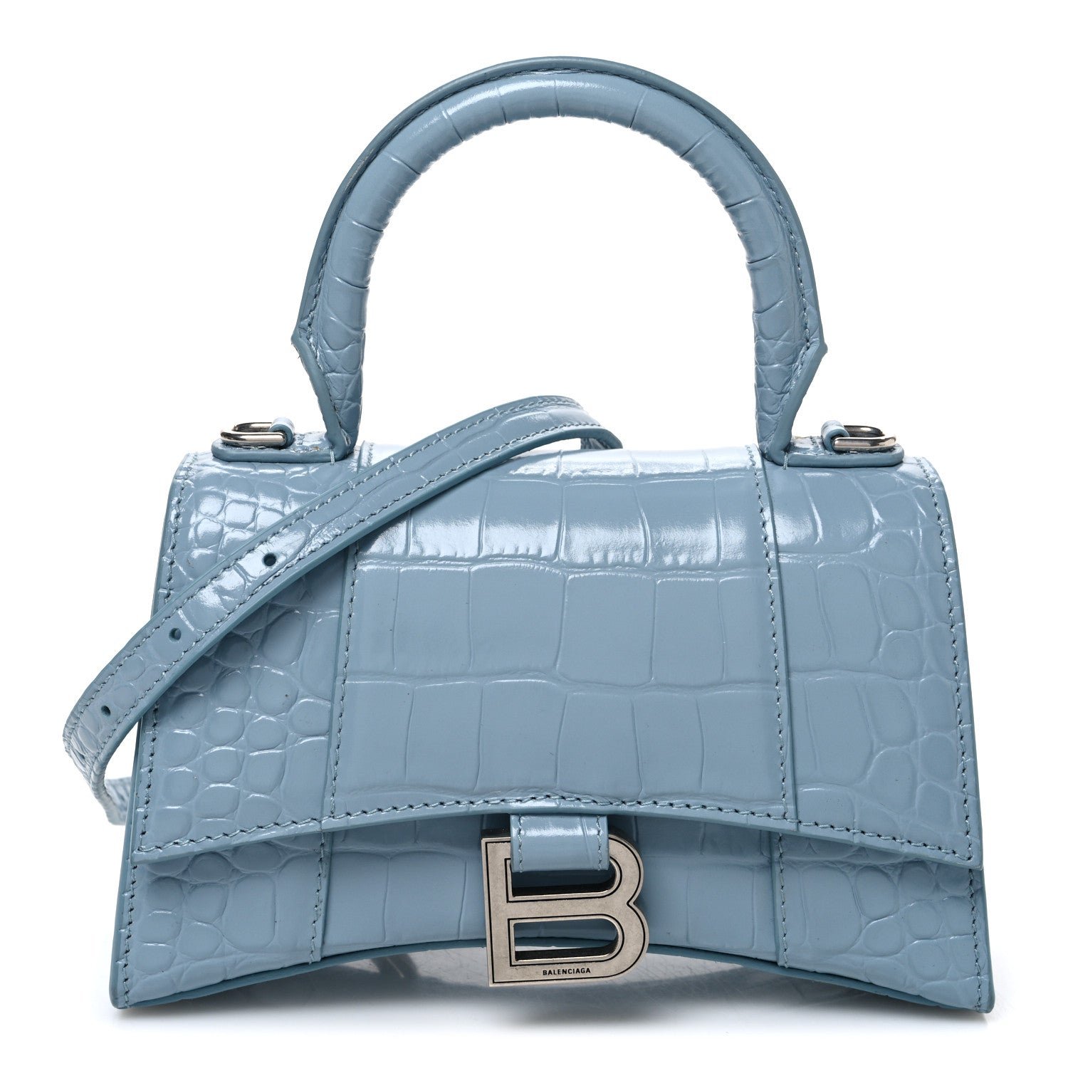 Balenciaga Shiny Calfskin Crocodile Embossed Hourglass Top Handle Bag XS Blue Grey