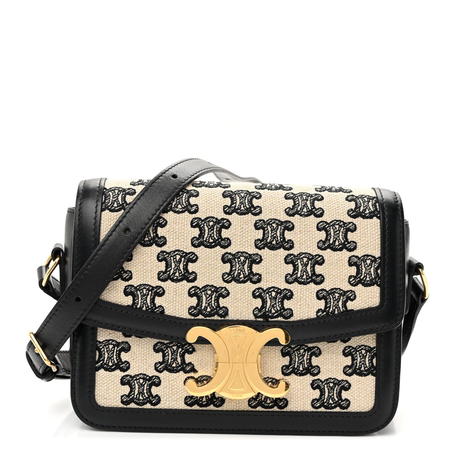 Canvas Calfskin Triomphe Embroidered Teen Triomphe Bag Black