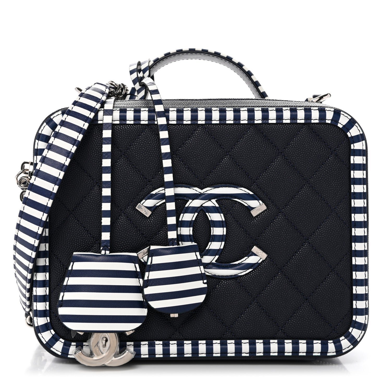 Chanel Caviar Quilted Striped Medium CC Filigree Vanity Case Navy White