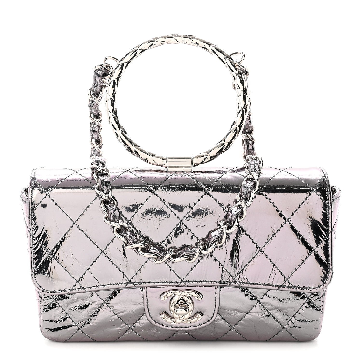 Chanel Crumpled Metallic Calfskin Quilted Ring Handle Mini Flap Silver