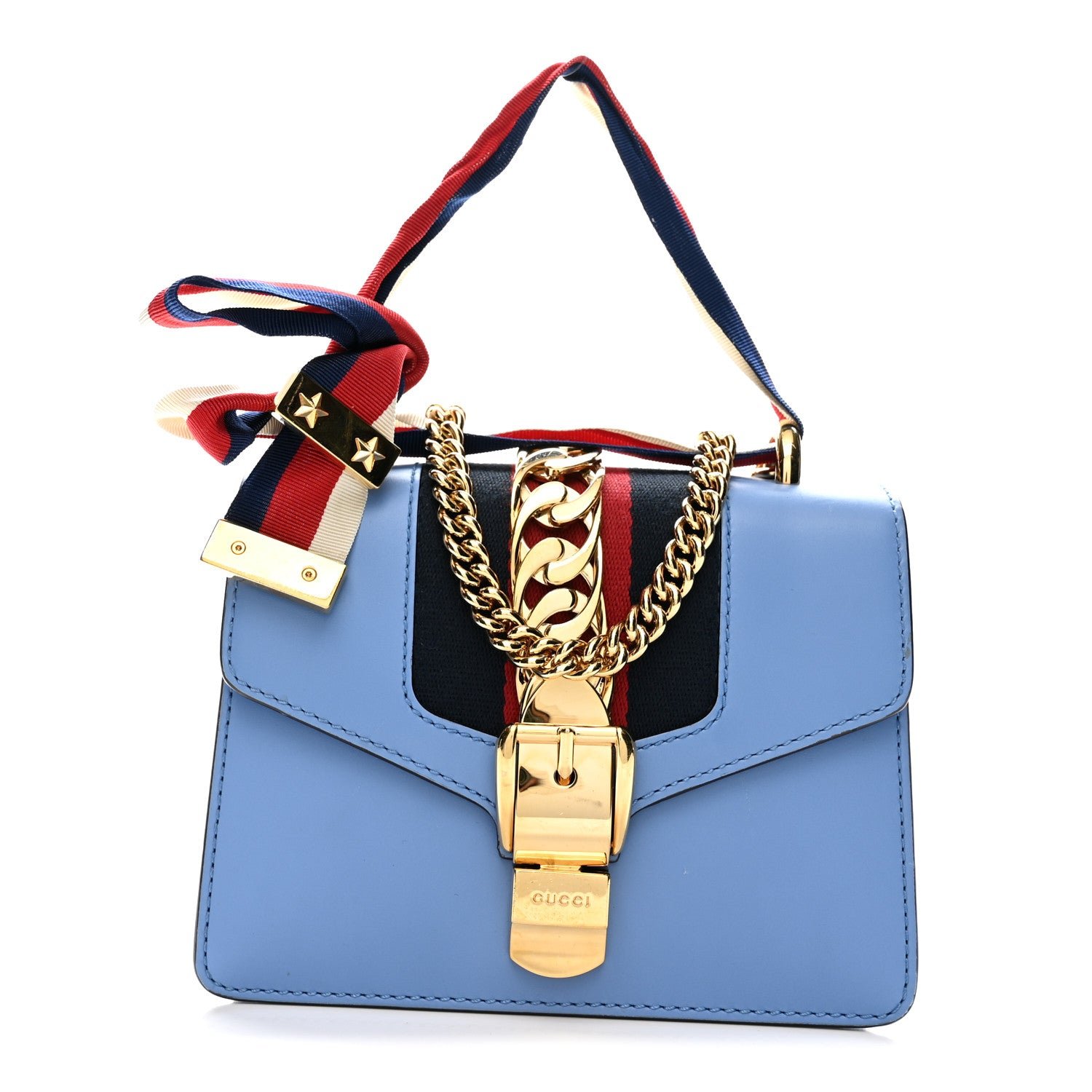 Gucci Calfskin Mini Sylvie Chain Shoulder Bag Clear Sky Blue