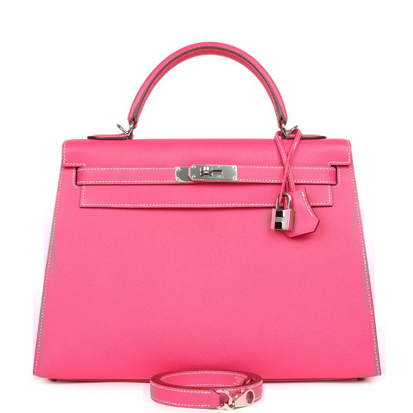 Hermes Pre-owned Hermes Candy Kelly Sellier 32 Rose Tyrien Epsom Palladium Hardware