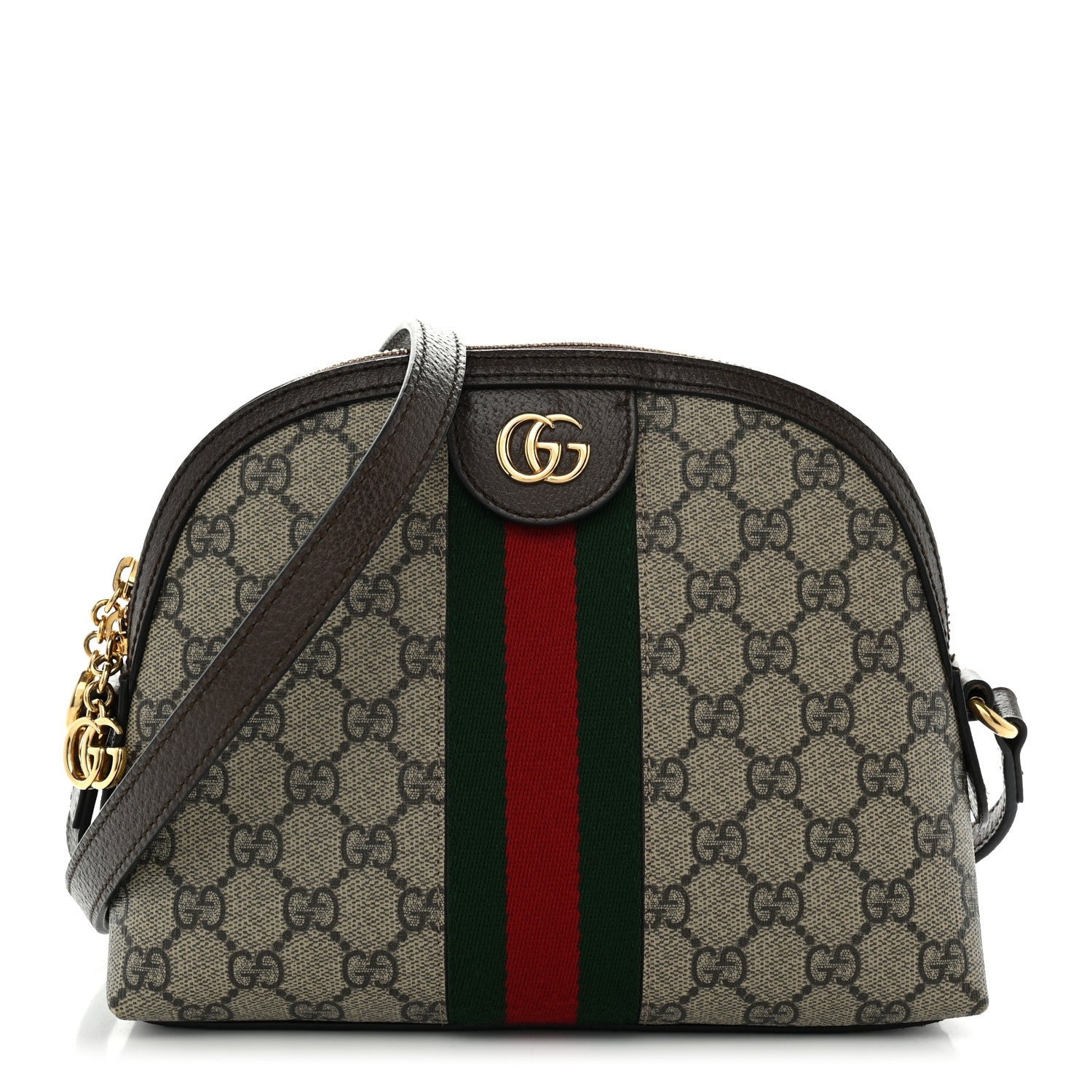 Gucci GG Supreme Monogram Textured Dollar Calfskin Web Small Ophidia Dome Shoulder Bag Beige Ebony New Acero