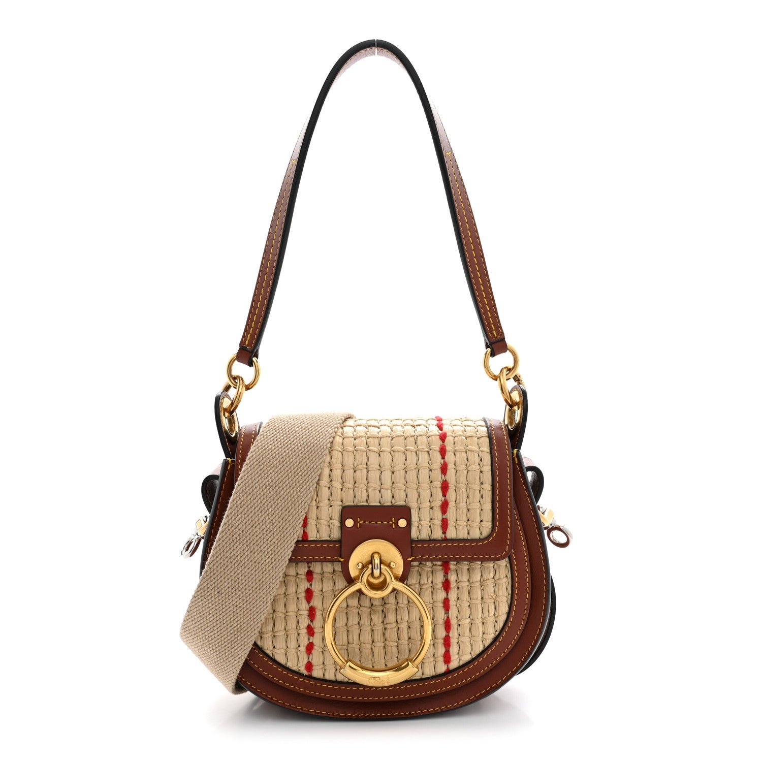 Chloe Calfskin Raffia Embroidered Small Tess Bag Sepia Brown
