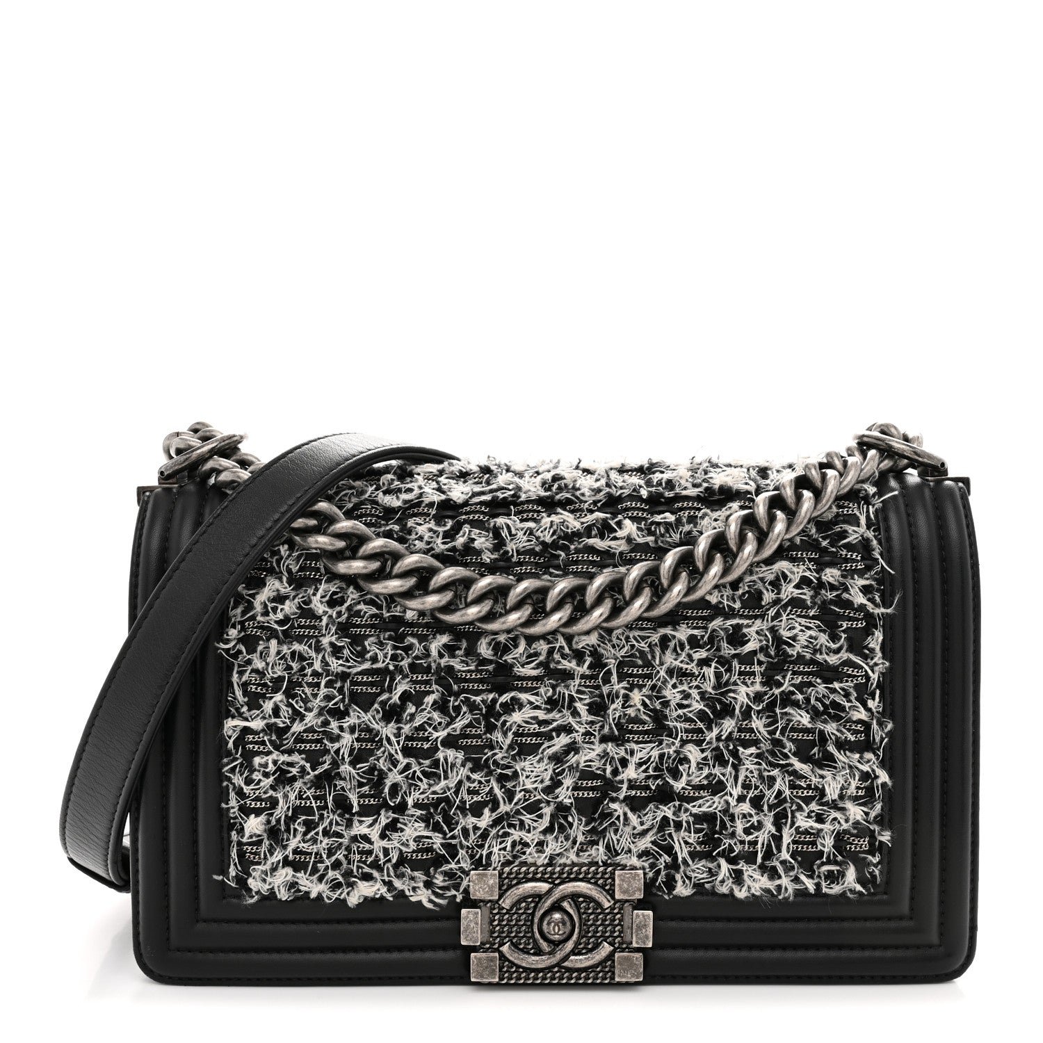 Chanel Tweed Calfskin Medium Boy Flap Black White