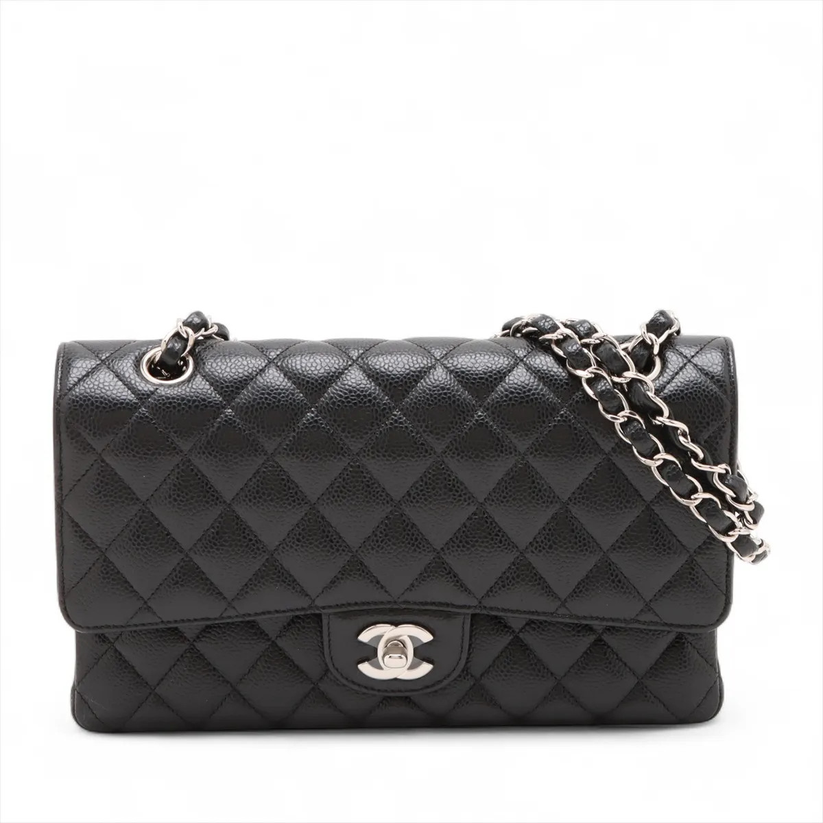 Chanel Matelasse 25 Caviar Skin Double Flap Double Chain Bag Black Silver Metal