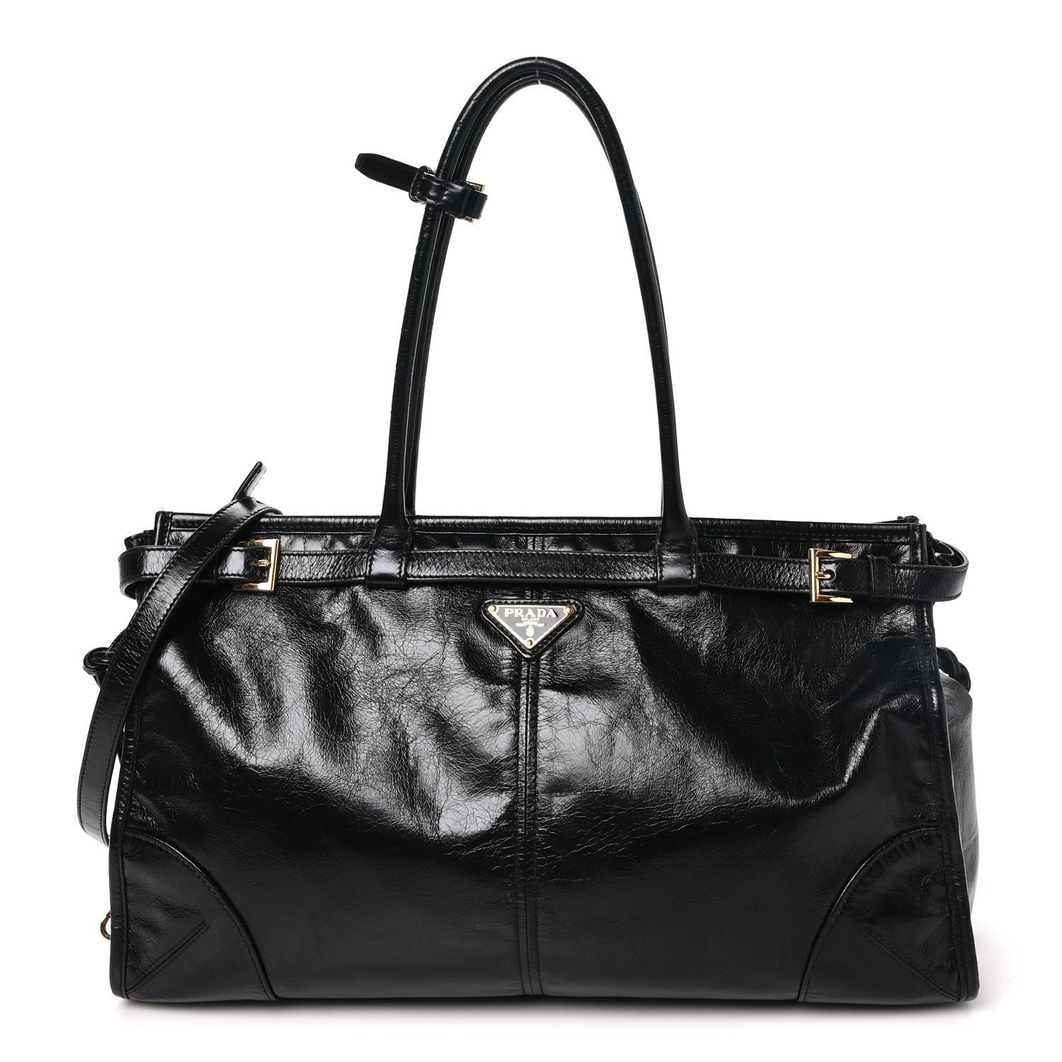 Prada Glossy Calfskin Triangle Large Bonnie Shoulder Bag Black