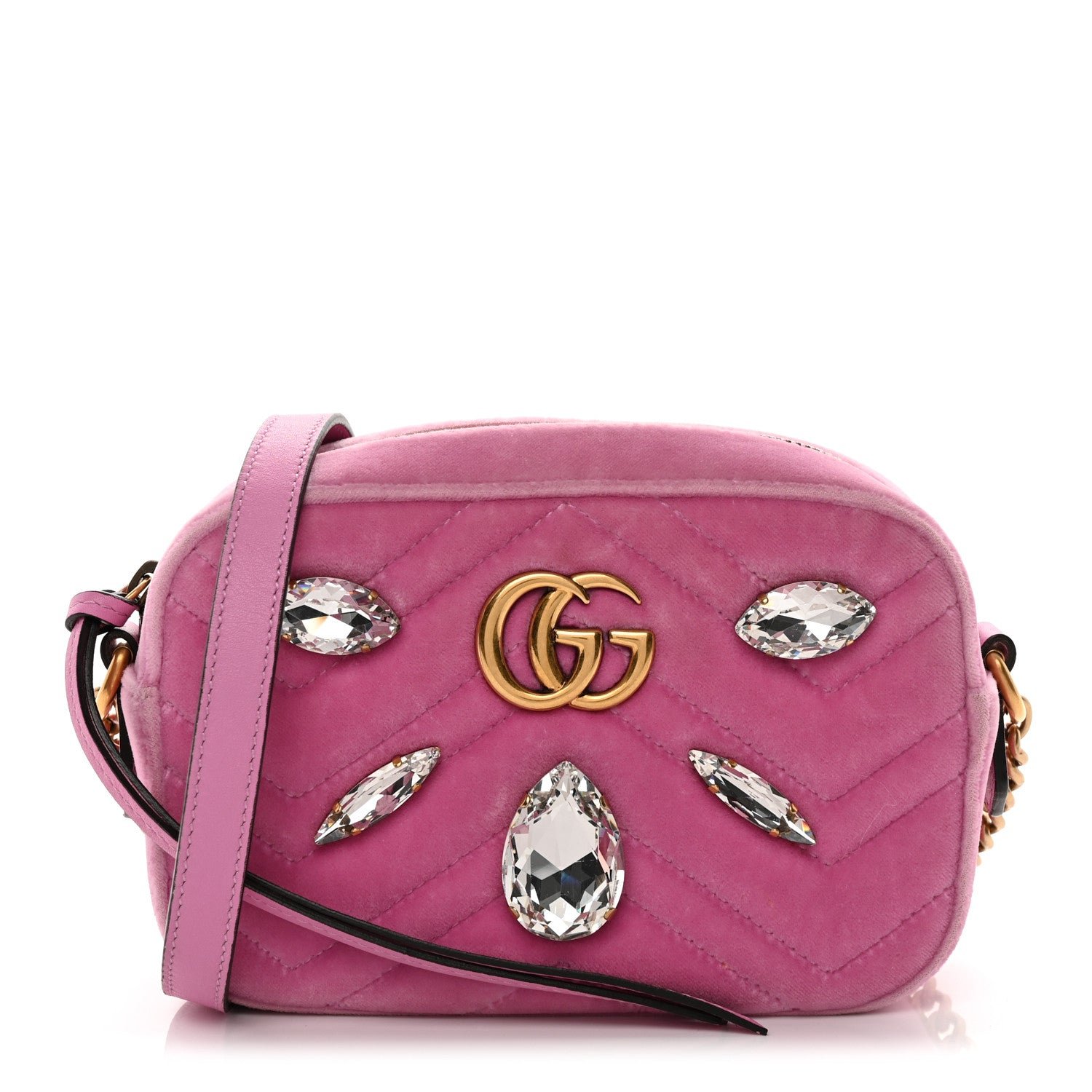 Gucci Velvet Matelasse Marquise Crystals Mini GG Marmont Chain Shoulder Bag Malva
