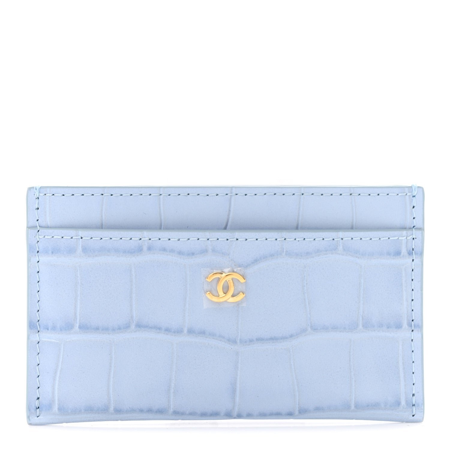 Chanel Calfskin Crocodile Embossed Crococo Card Holder Light Blue